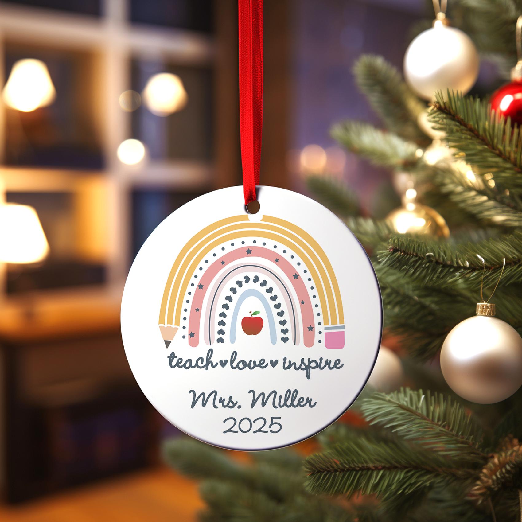 Teacher Christmas Ornament, Personalized Rainbow Teacher Christmas, Teach Love Inspire Appreciation Gift