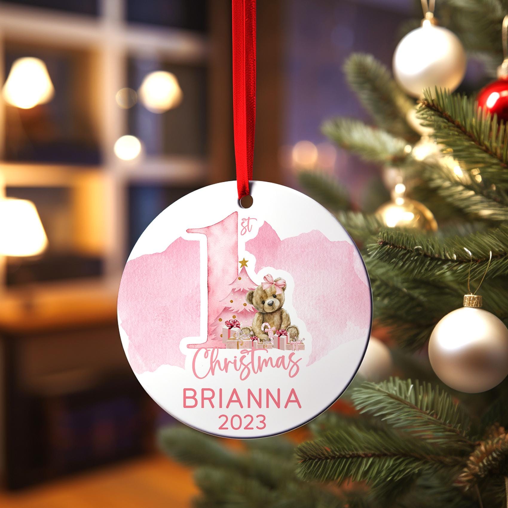 Baby's First Christmas Ornament, Personalized Pink Teddy Bear First Christmas