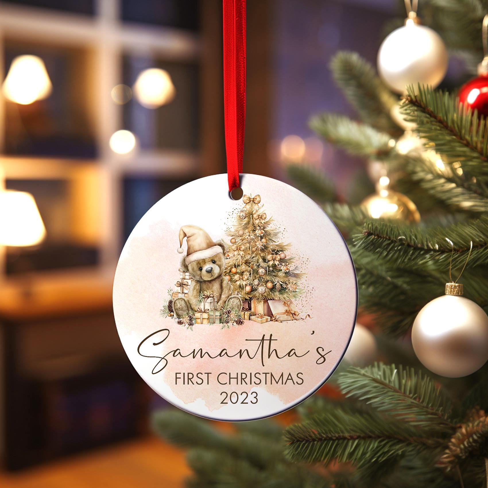 Teddy Bear Gold Baby's First Christmas Ornament, Personalized Baby First Christmas