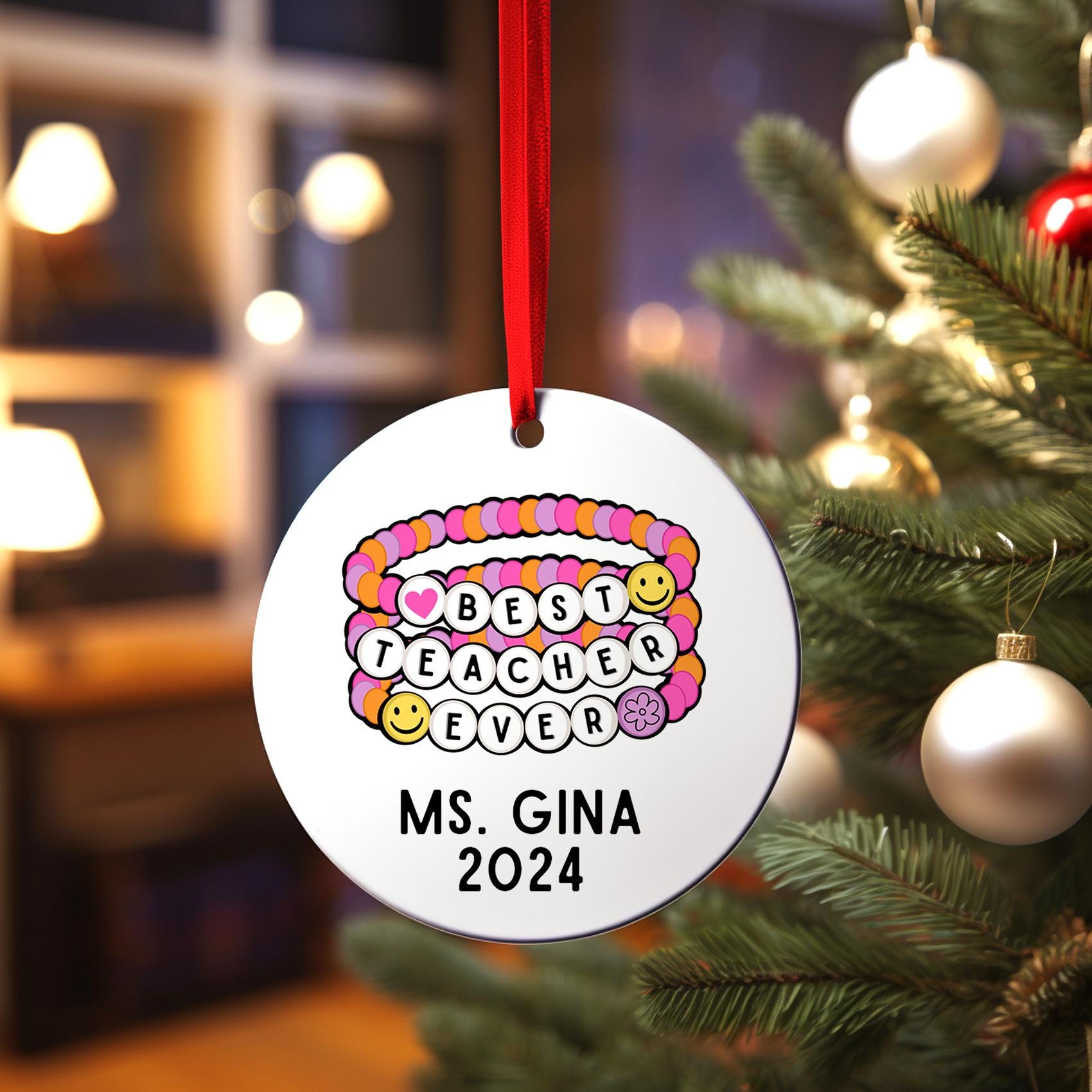 Best Teacher Ever Ornament 2025, Personalized Friendship Bracelet, First Year Teacher Gift