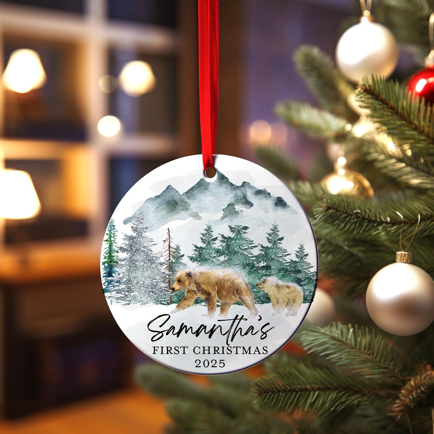 Bear Baby's First Christmas Ornament, Personalized Winter Wonderland Baby First Christmas