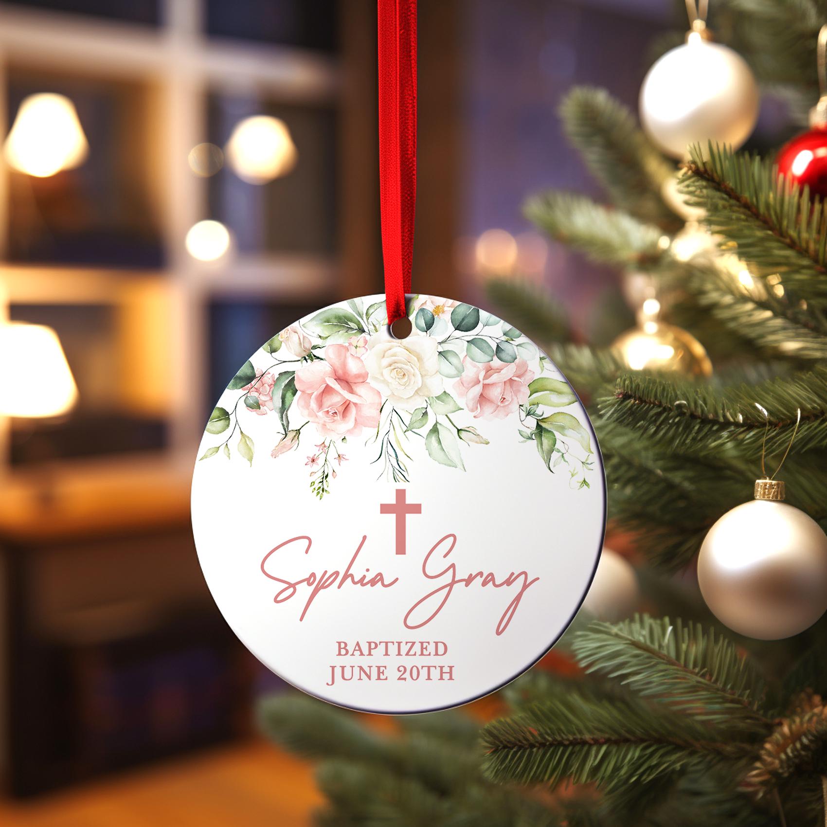 Baptism Pink Cross Ornament, Personalized Communion Christmas Ornament, God Daughter