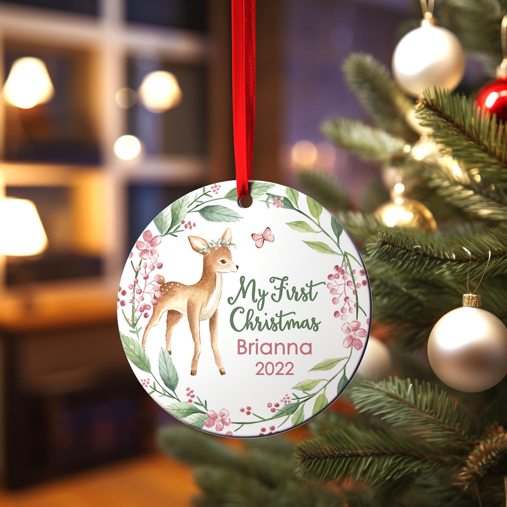 Deer Baby's First Christmas Ornament, Personalized Baby Girl First Christmas