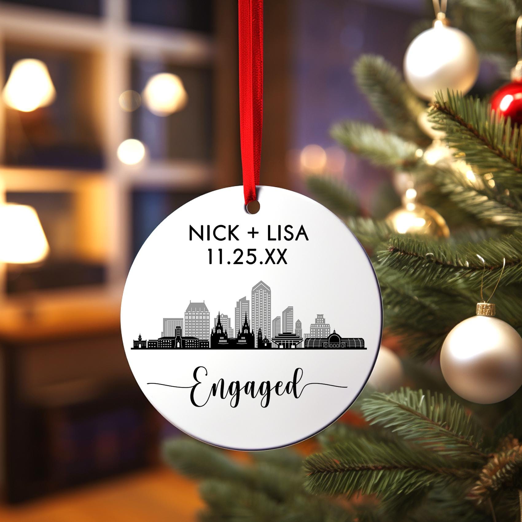 Personalized Engaged San Diego Skyline Christmas Ornament, Our First Christmas Married