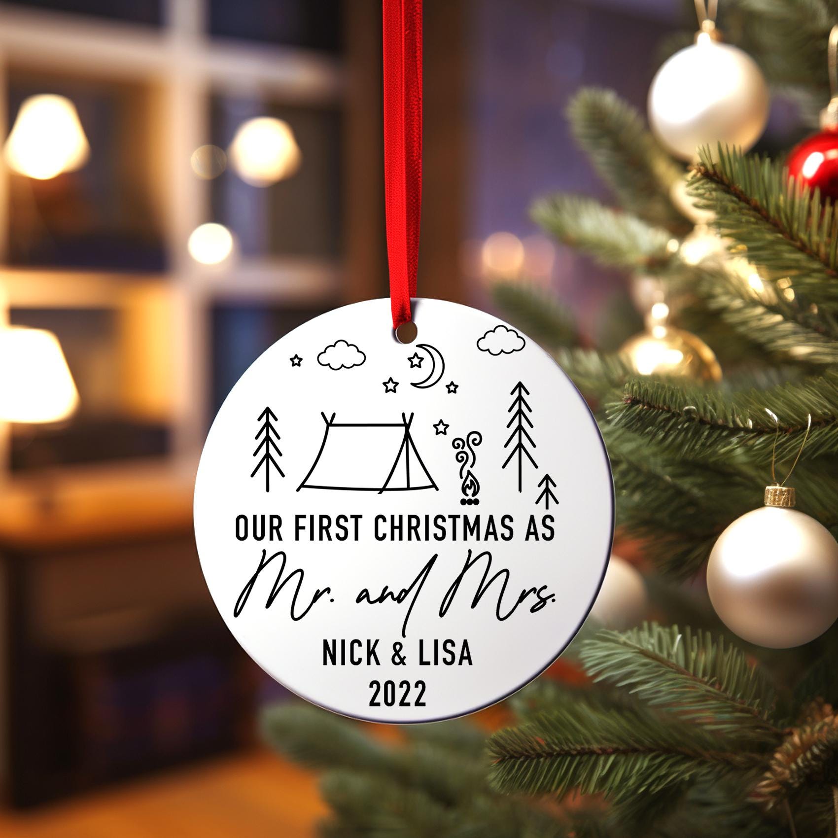 Married Under the Stars Tent Ornament, Personalized First Christmas Ornament