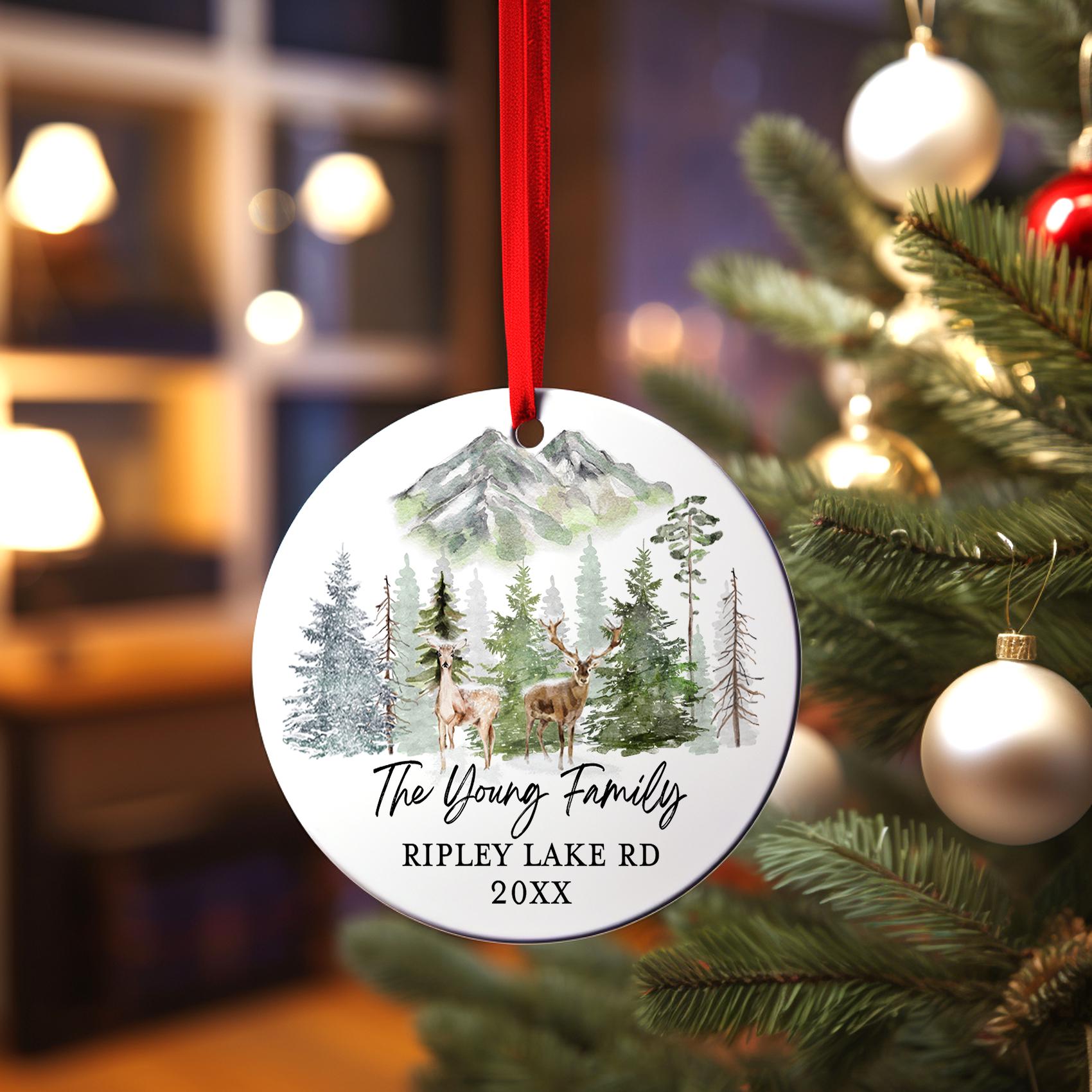 Winter Wonderland Baby's First Christmas Ornament, Personalized Deer Mountain Ornament