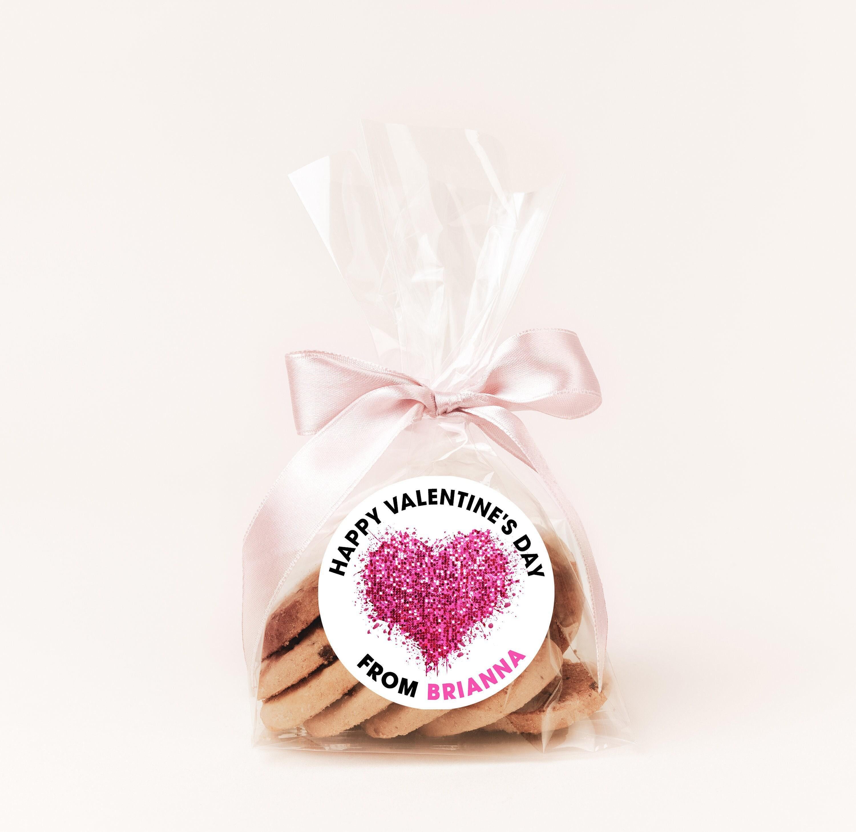 Pink Glitter Heart Valentines Day Stickers - Personalized Pink Striped Valentine Round Sticker Labels - Classroom Valentines for School