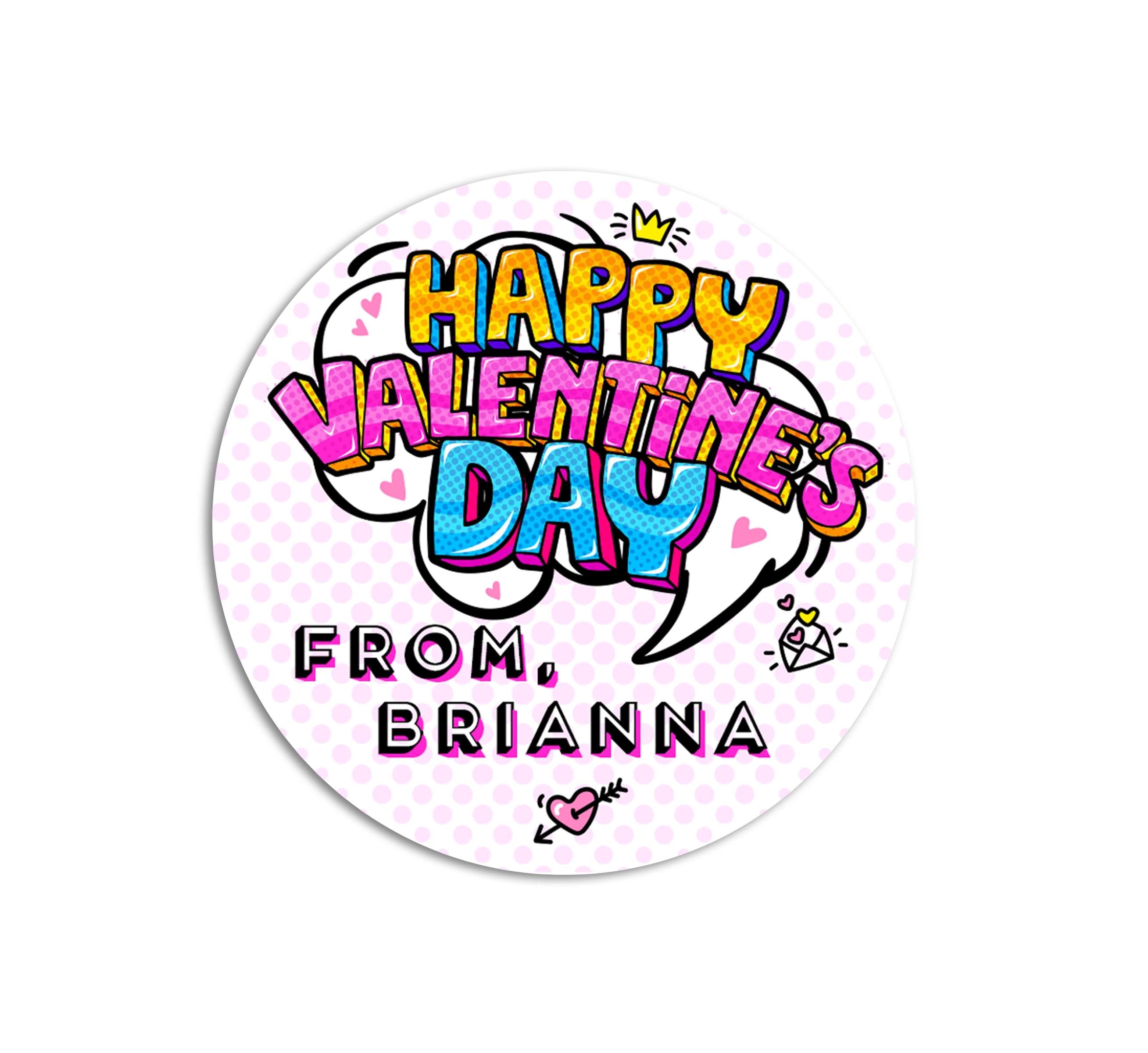 Valentines Day Comic Strip Stickers, Personalized Valentine Round Labels, Classroom Valentines for School, Valentine Treat Bags