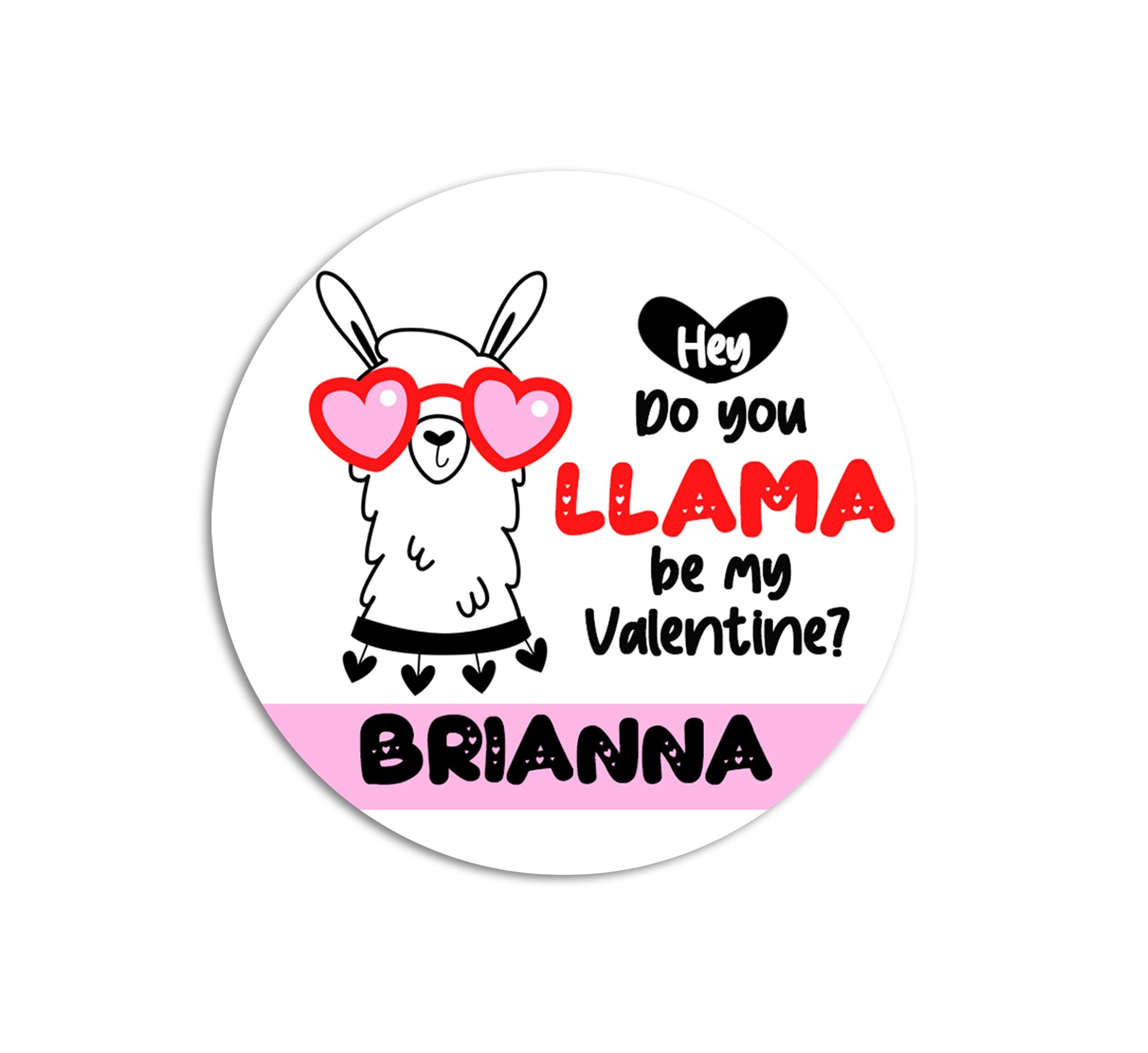 Llama Valentines Day Stickers - Personalized Llama Pink Valentine Round Sticker Labels - Classroom Valentines for School