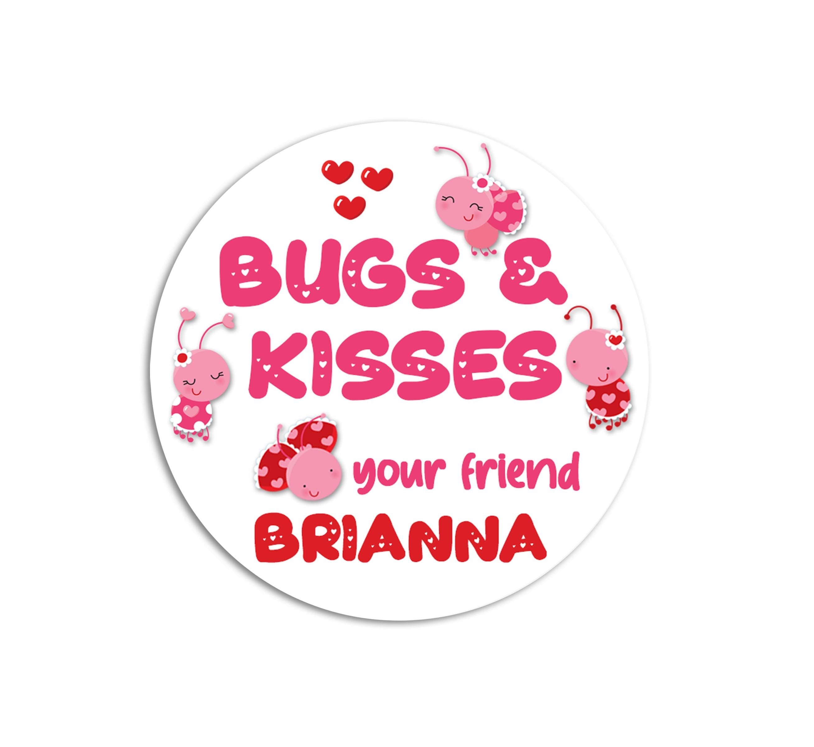 Bugs & Kisses Valentines Day Stickers - Personalized Love Bug Valentine Round Sticker Labels - Classroom Valentines for School