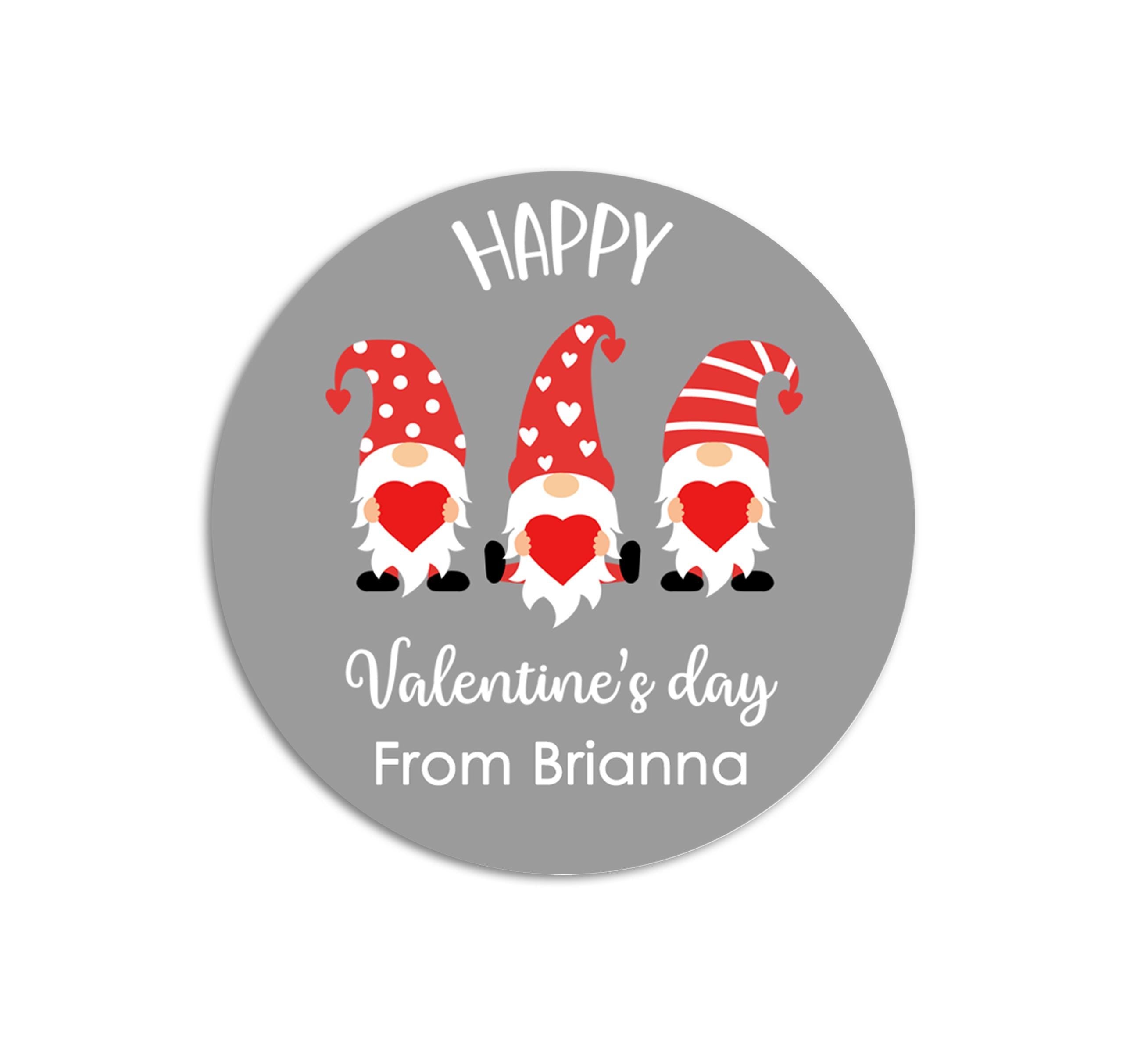 Gnome Trio Valentine's Day Stickers - Personalized Valentine Round Sticker Labels - Classroom Valentines for School
