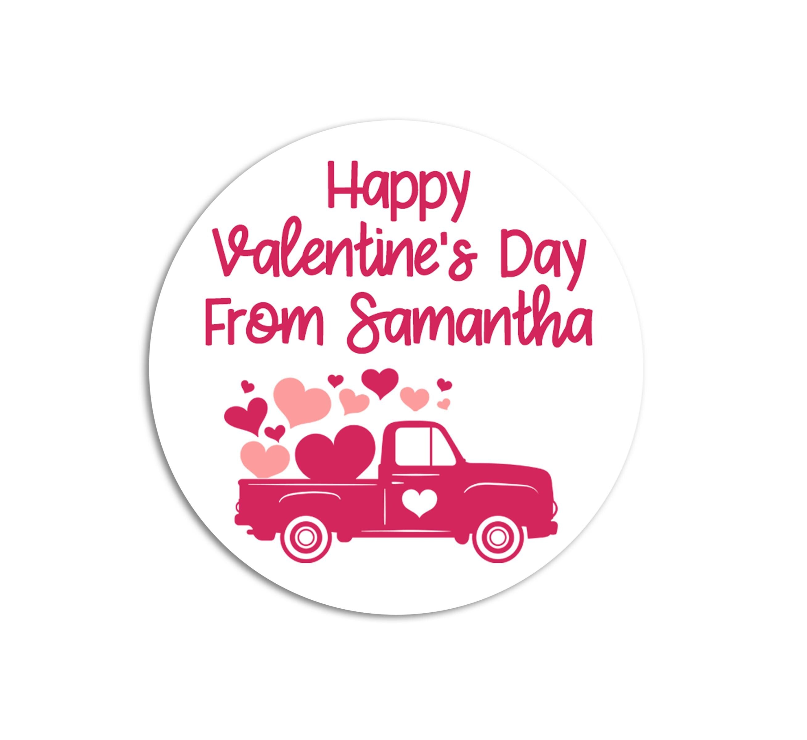 Pink Truck with Hearts Valentine's Day Stickers - Personalized Valentine Round Sticker Labels - Classroom Valentines for School