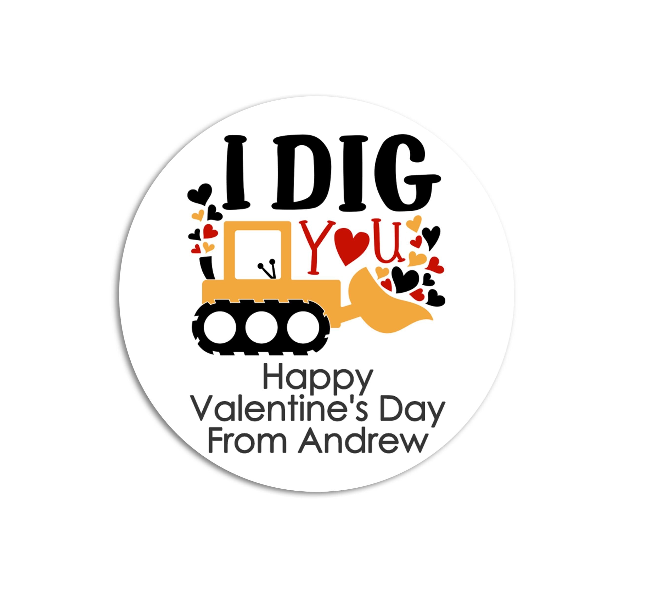 I Dig You Truck Valentine's Day Stickers - Personalized Valentine Round Sticker Labels - Classroom Valentines for School