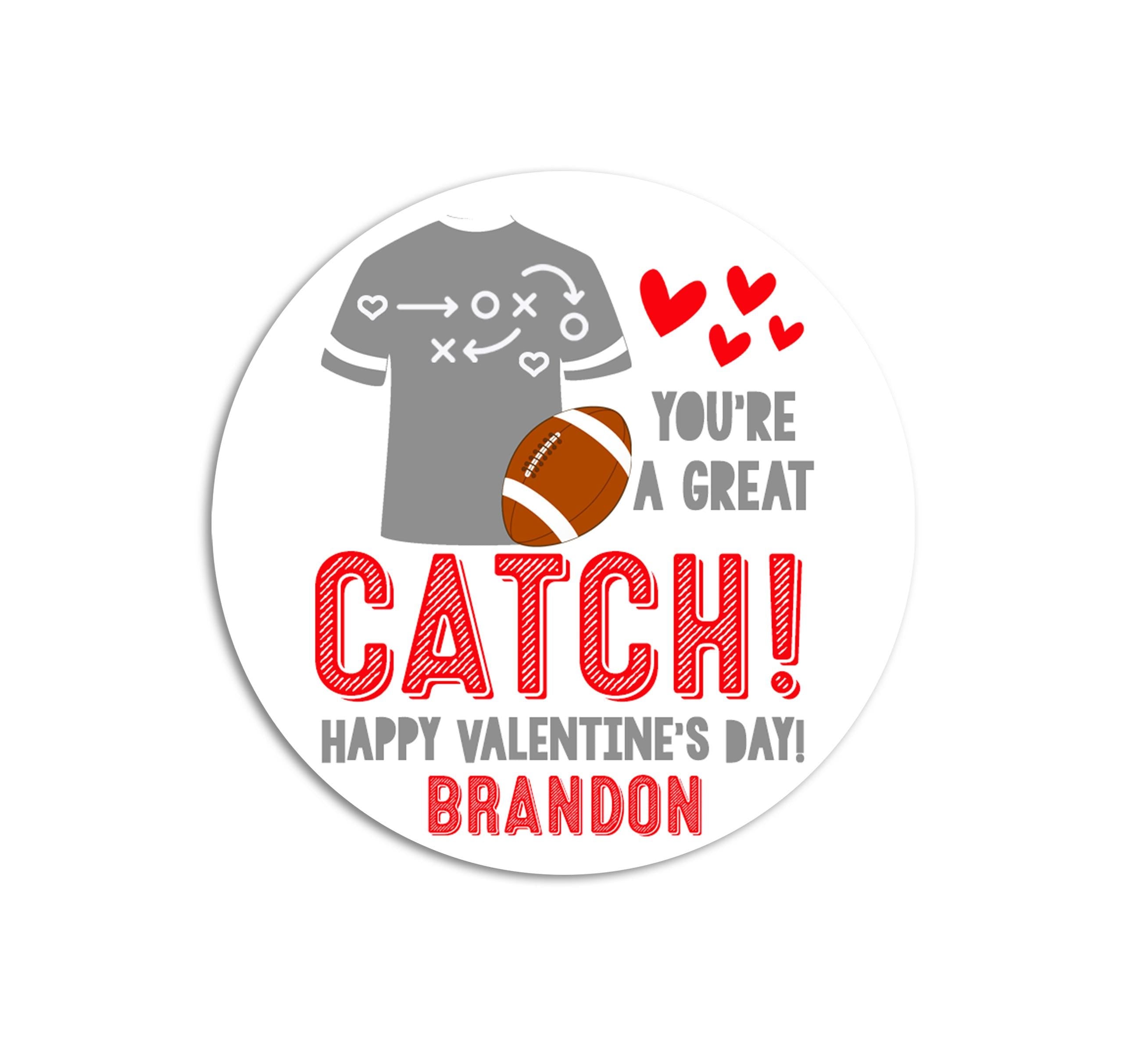Football Valentines Day Stickers - Personalized You're A Great Catch Football Valentine Sticker Labels - Classroom Valentines for School