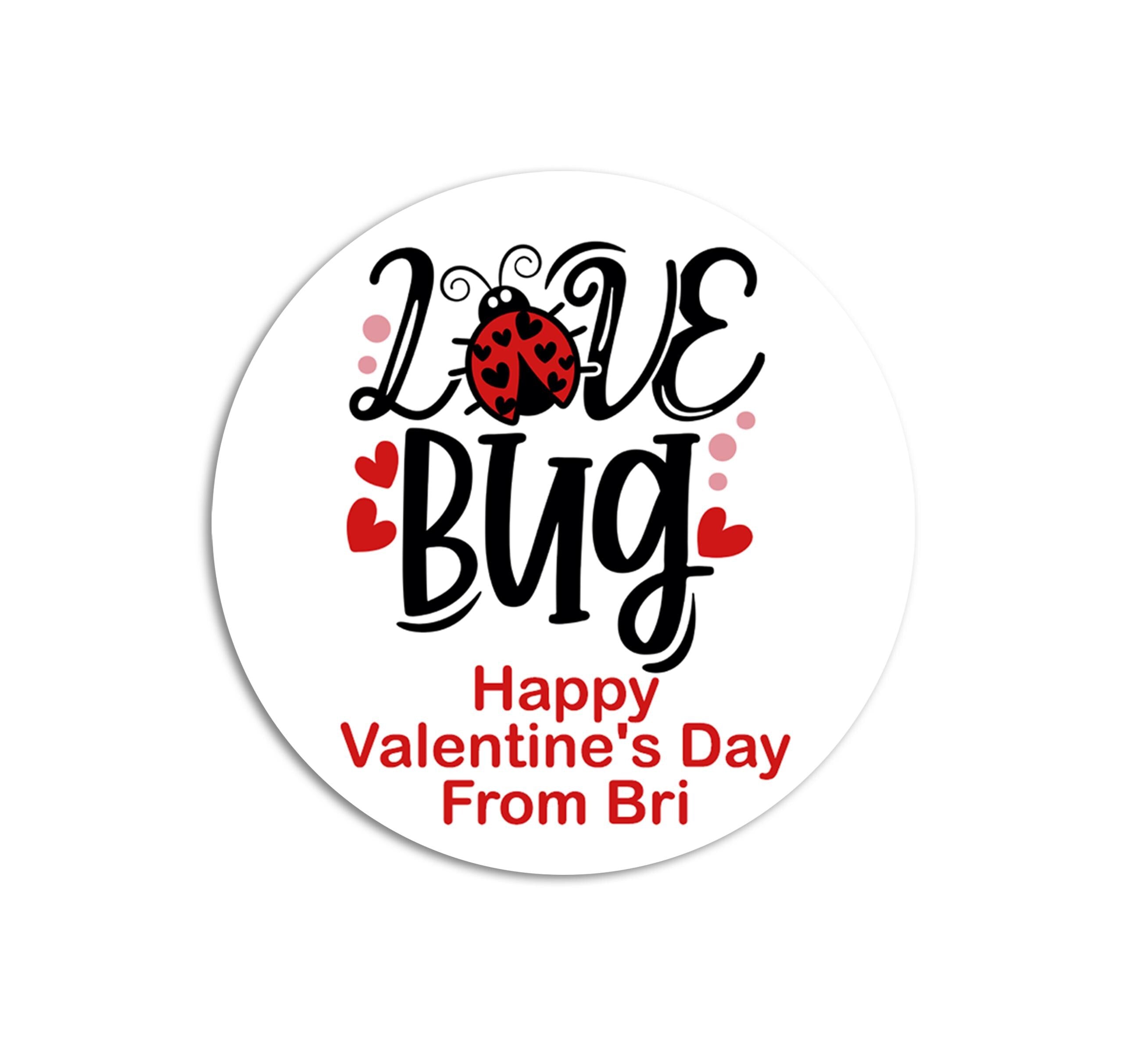 Love Bug Valentines Day Stickers - Personalized Valentine Round Sticker Labels - Classroom Valentines for School