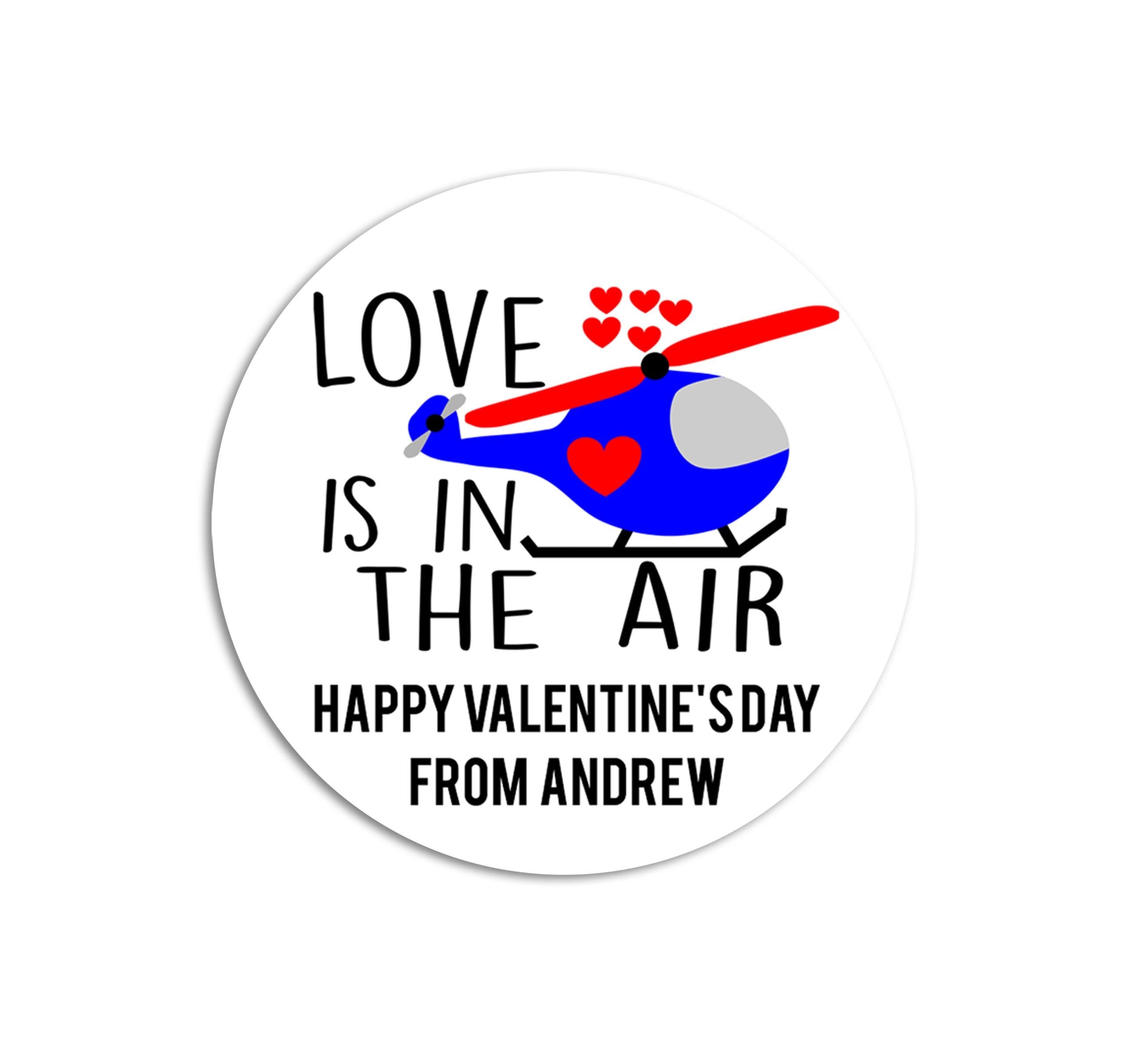 Love is in the Air Helicopter Valentines Day Stickers - Personalized Valentine Round Sticker Labels - Classroom Valentines for School
