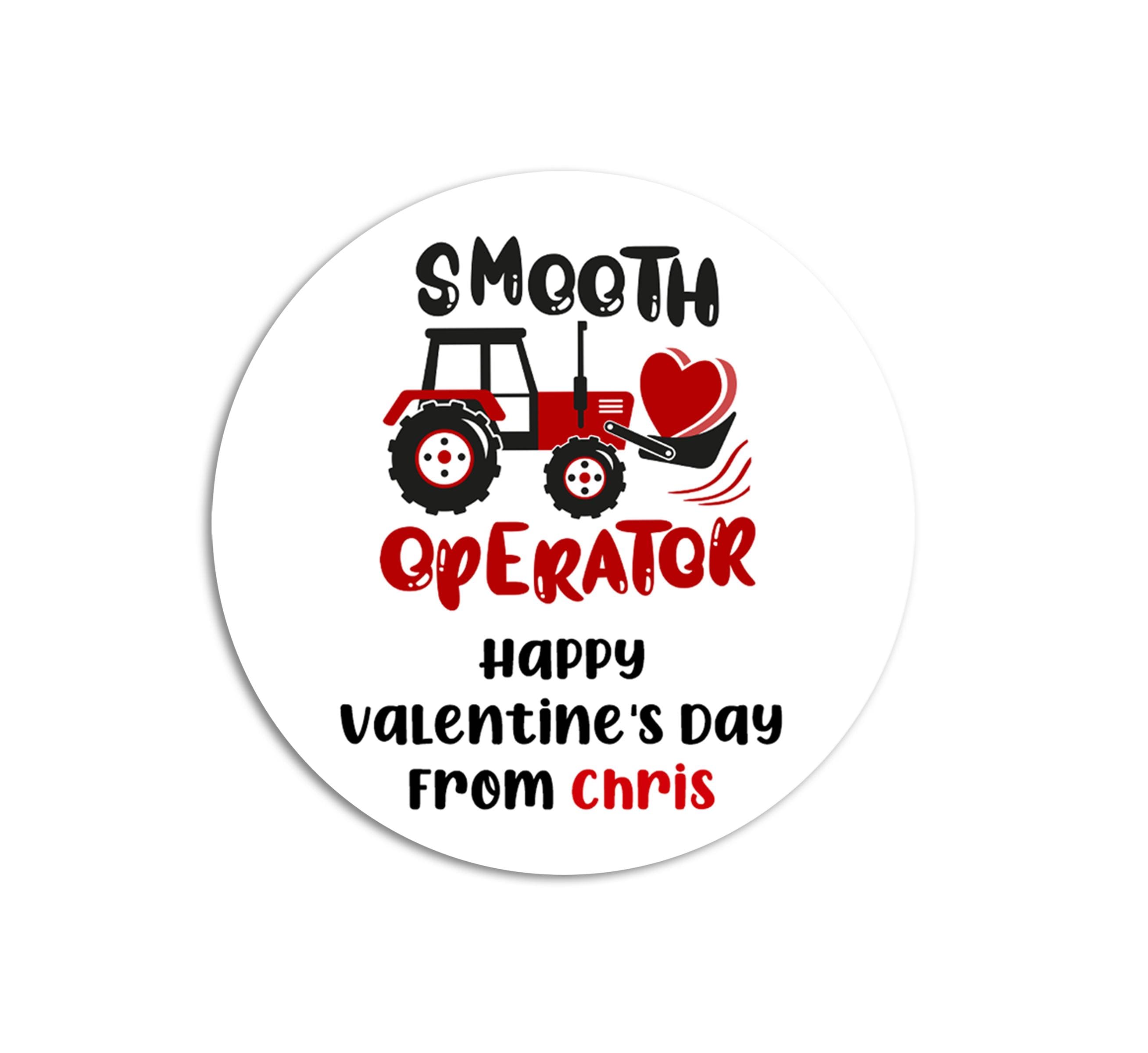 Smooth Operator Tractor Truck Valentines Day Stickers - Personalized Valentine Round Sticker Labels - Classroom Valentines for School