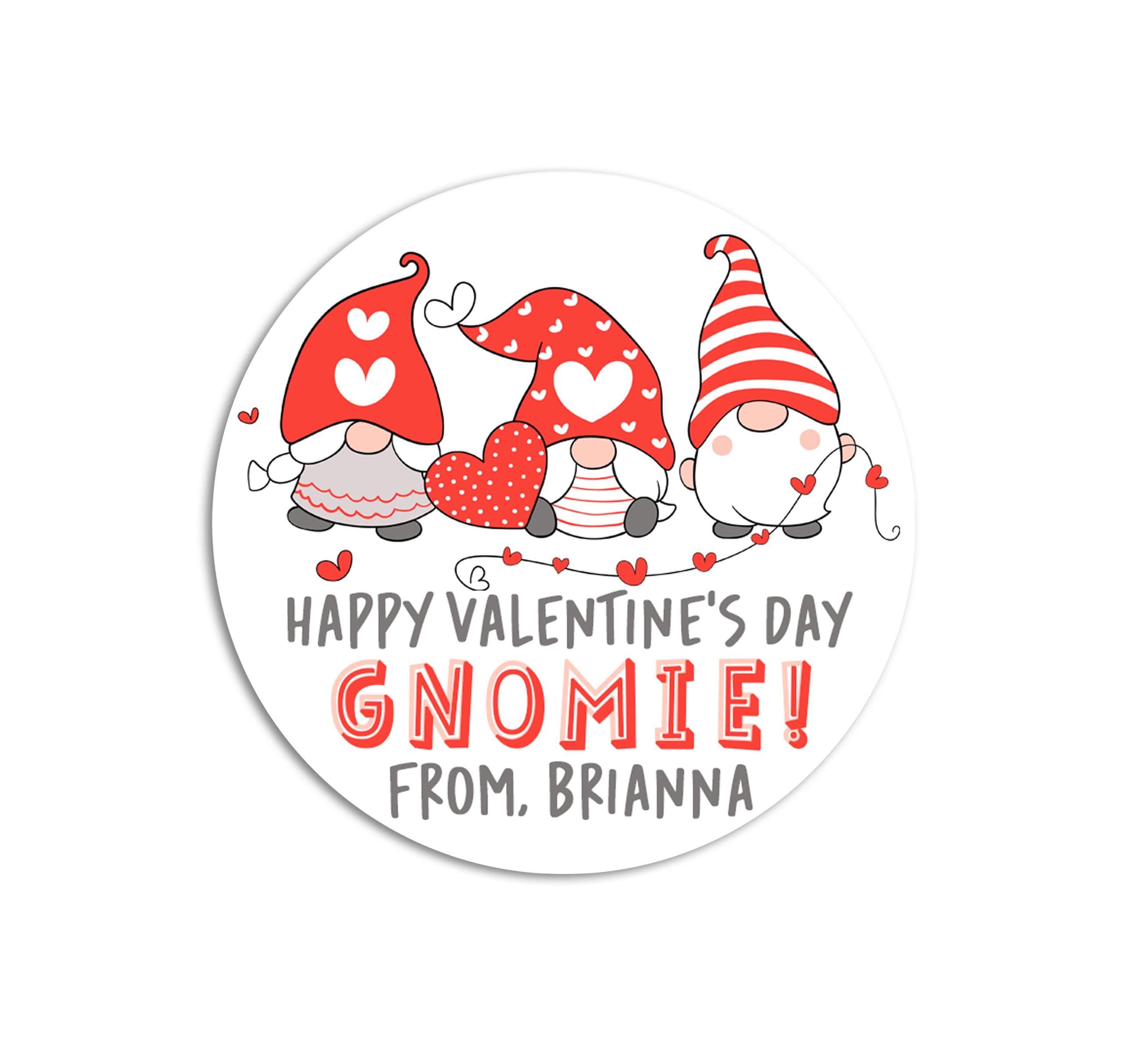 Gnomie Valentines Day Stickers - Personalized Gnome Valentine Round Sticker Labels - Classroom Valentines for School