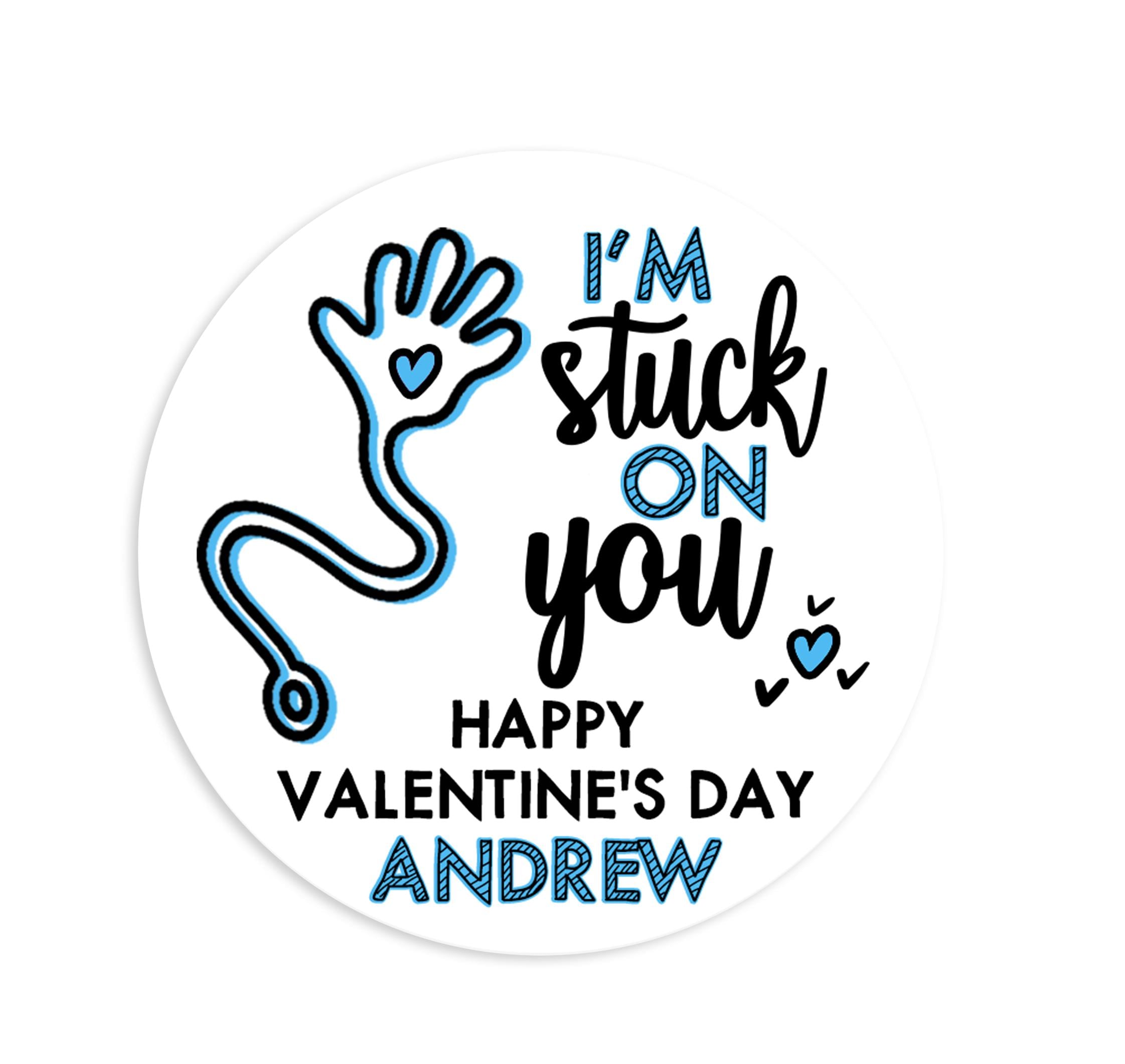 Sticky Hand High Five Blue Valentines Day Stickers - Personalized Valentine Round Sticker Labels - Classroom Valentines for School