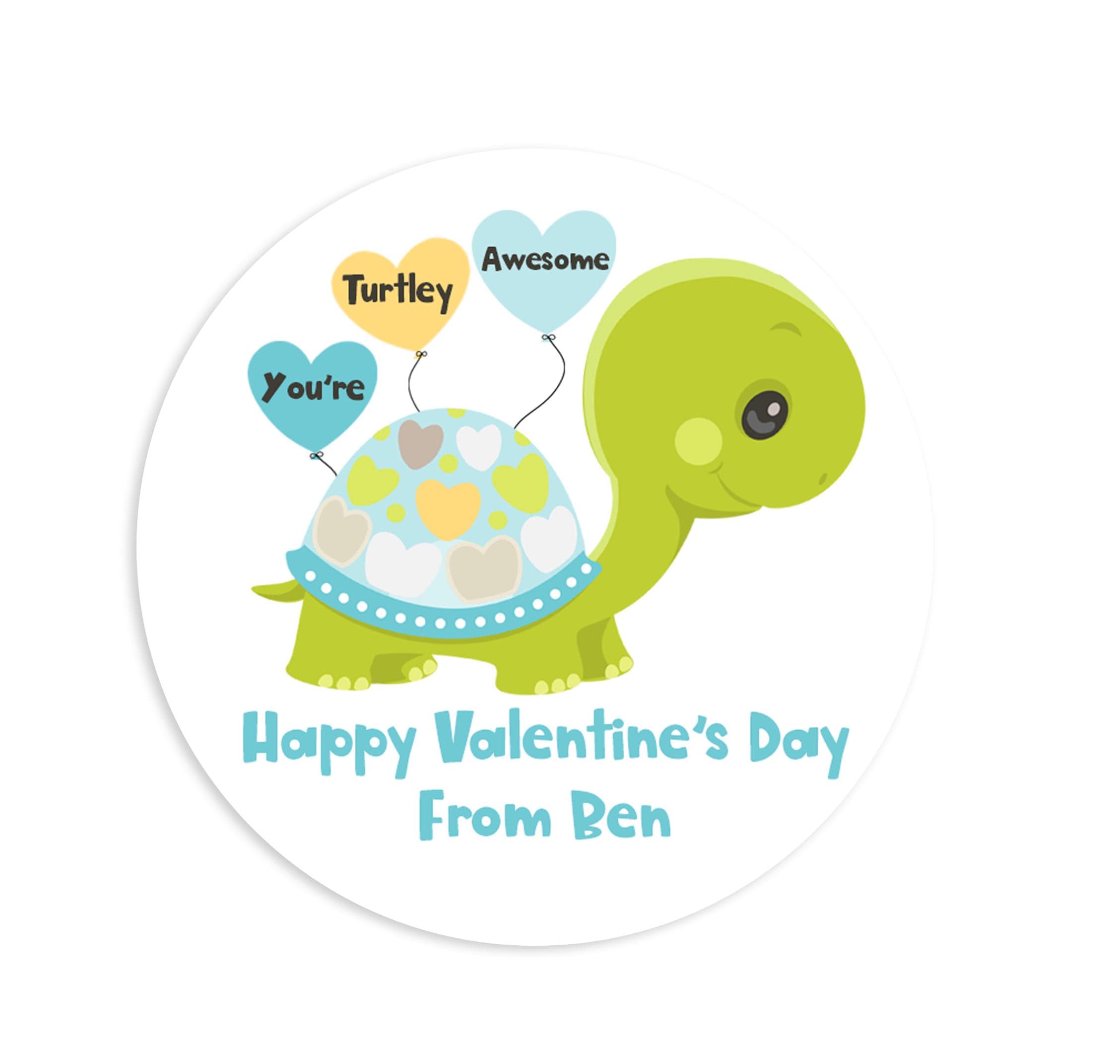 You're Turtley Awesome Blue Valentines Day Stickers - Personalized Valentine Round Sticker Labels - Classroom Valentines for School