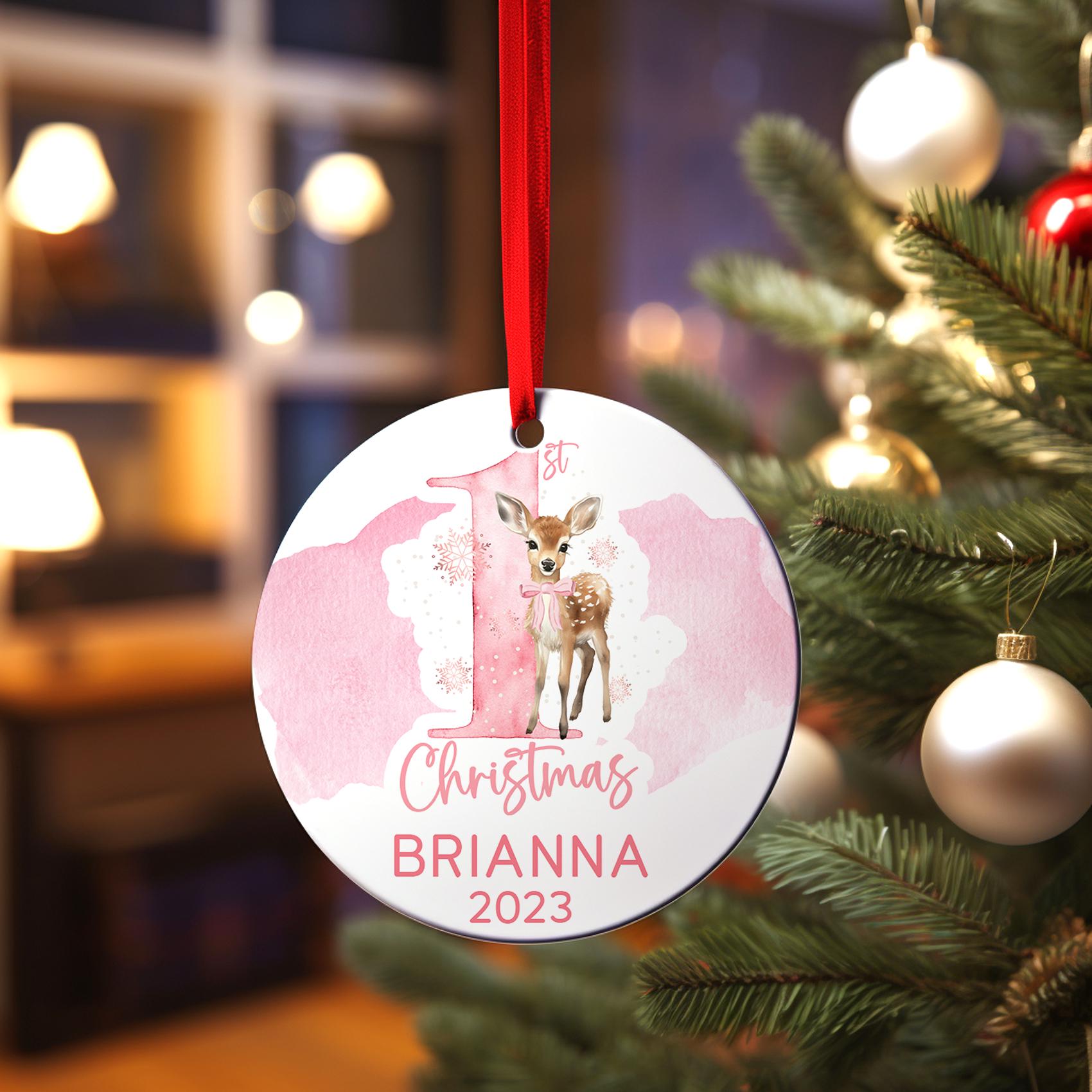 Baby's First Christmas Ornament, Personalized Pink Deer Baby First Keepsake