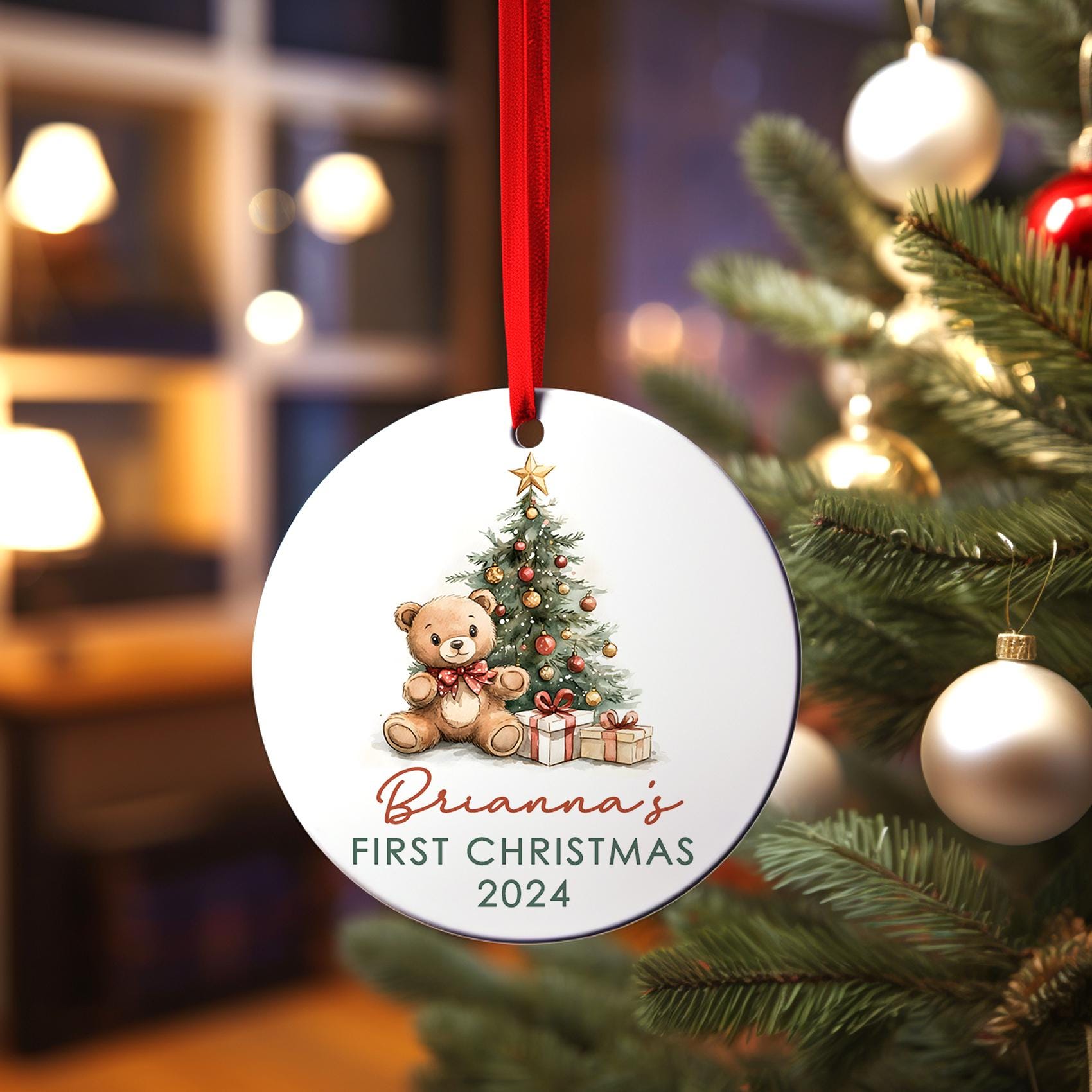 Baby's First Christmas Tree Ornament, Personalized Teddy Bear Baby 1st Christmas
