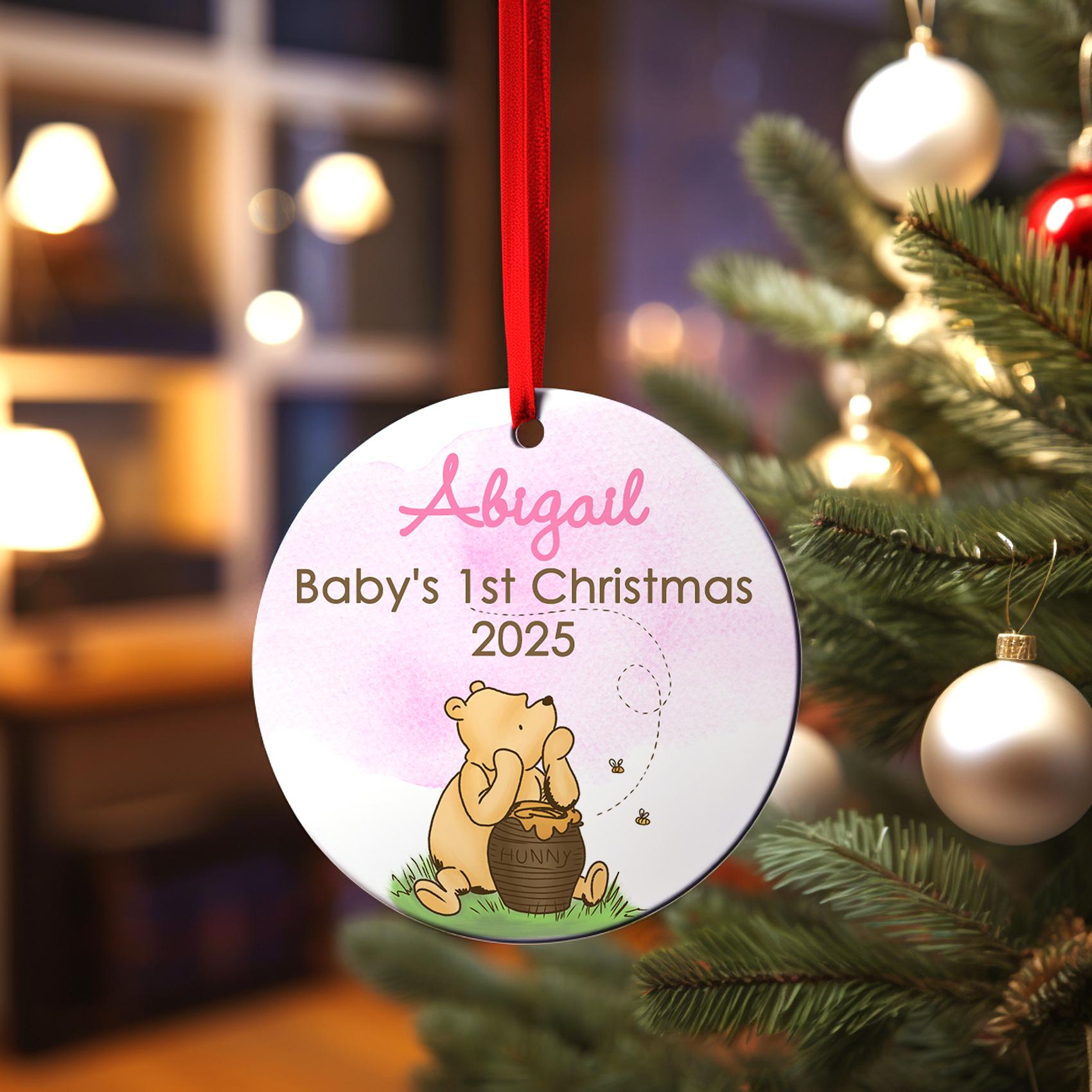 Winnie-The-Pooh Baby's 1st Christmas Ornament Baby Girl Pink | Baby First Christmas | Personalized Baby Christmas Ornament