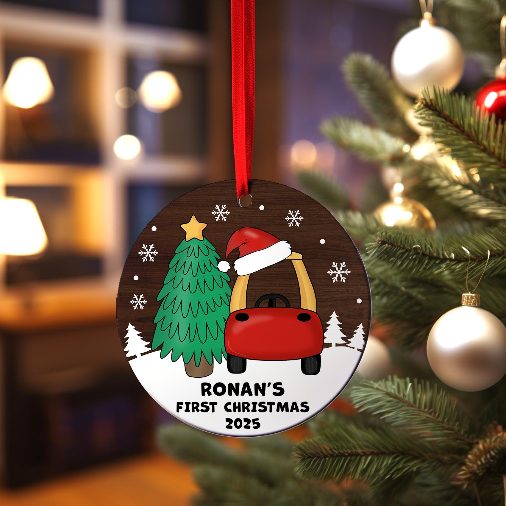 Baby's First Christmas Ornament, Personalized Baby Boy Cozy Coupe Red Truck