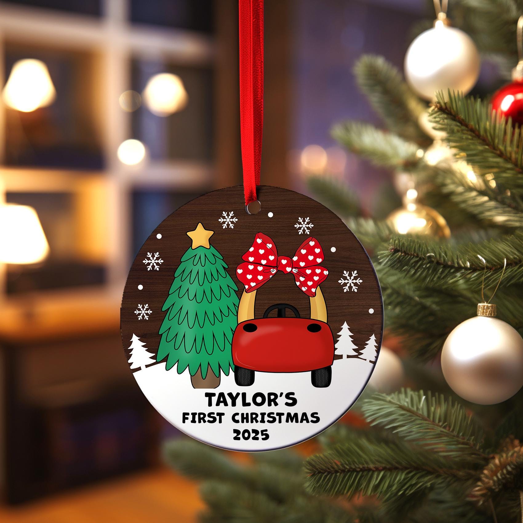 Baby's First Christmas Ornament, Personalized Baby Girl Cozy Coupe Red Truck