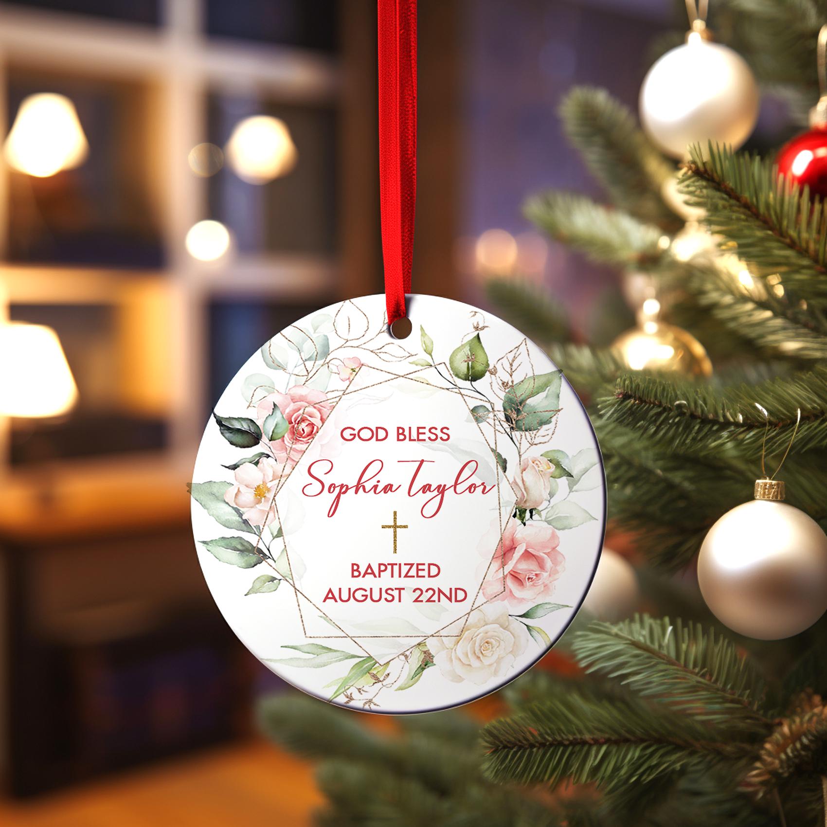 Cross Ceramic Ornament, Personalized Baptism for Girl, Custom Christening Gift