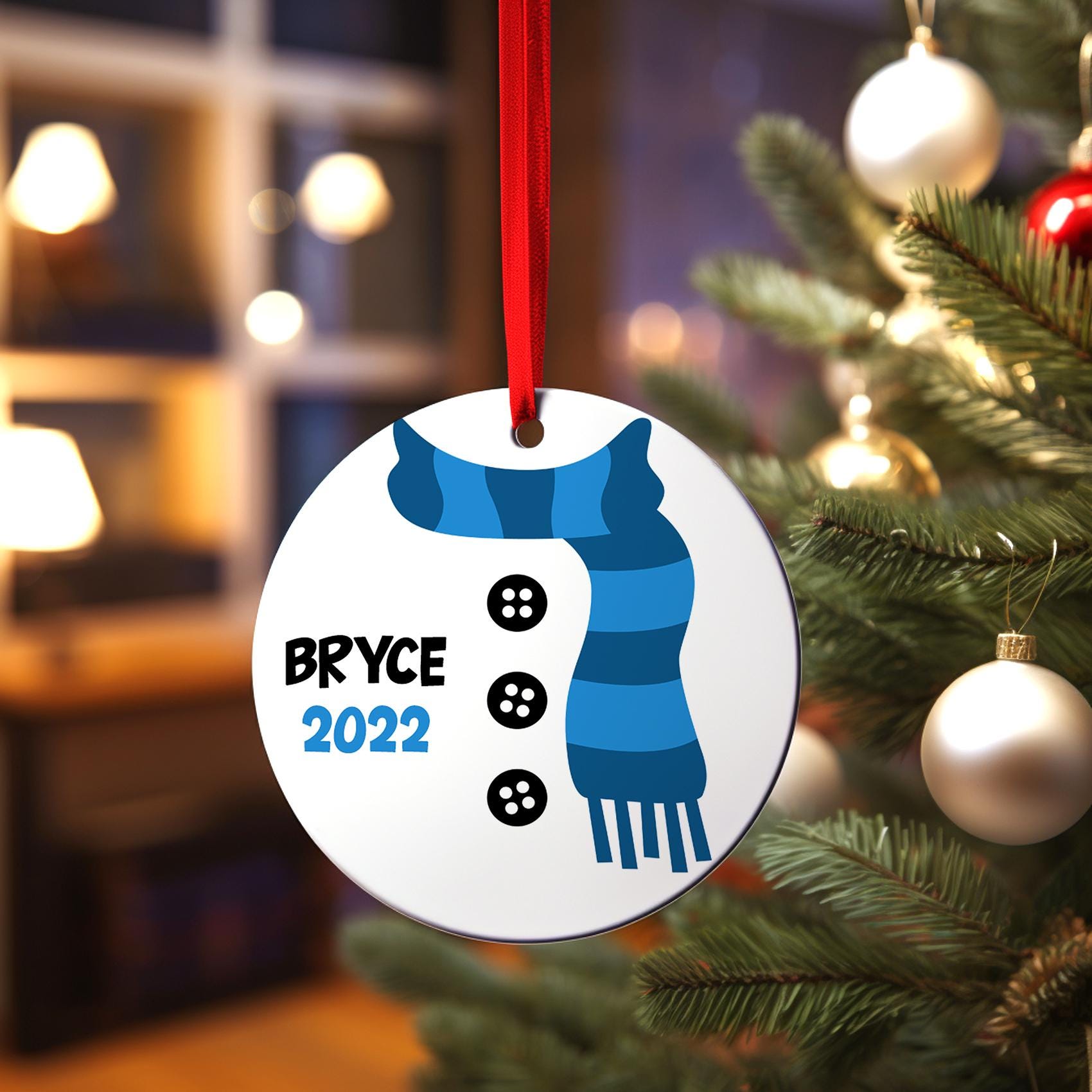 Snowman Scarf Blue Ornament, Personalized Baby Boy First Christmas