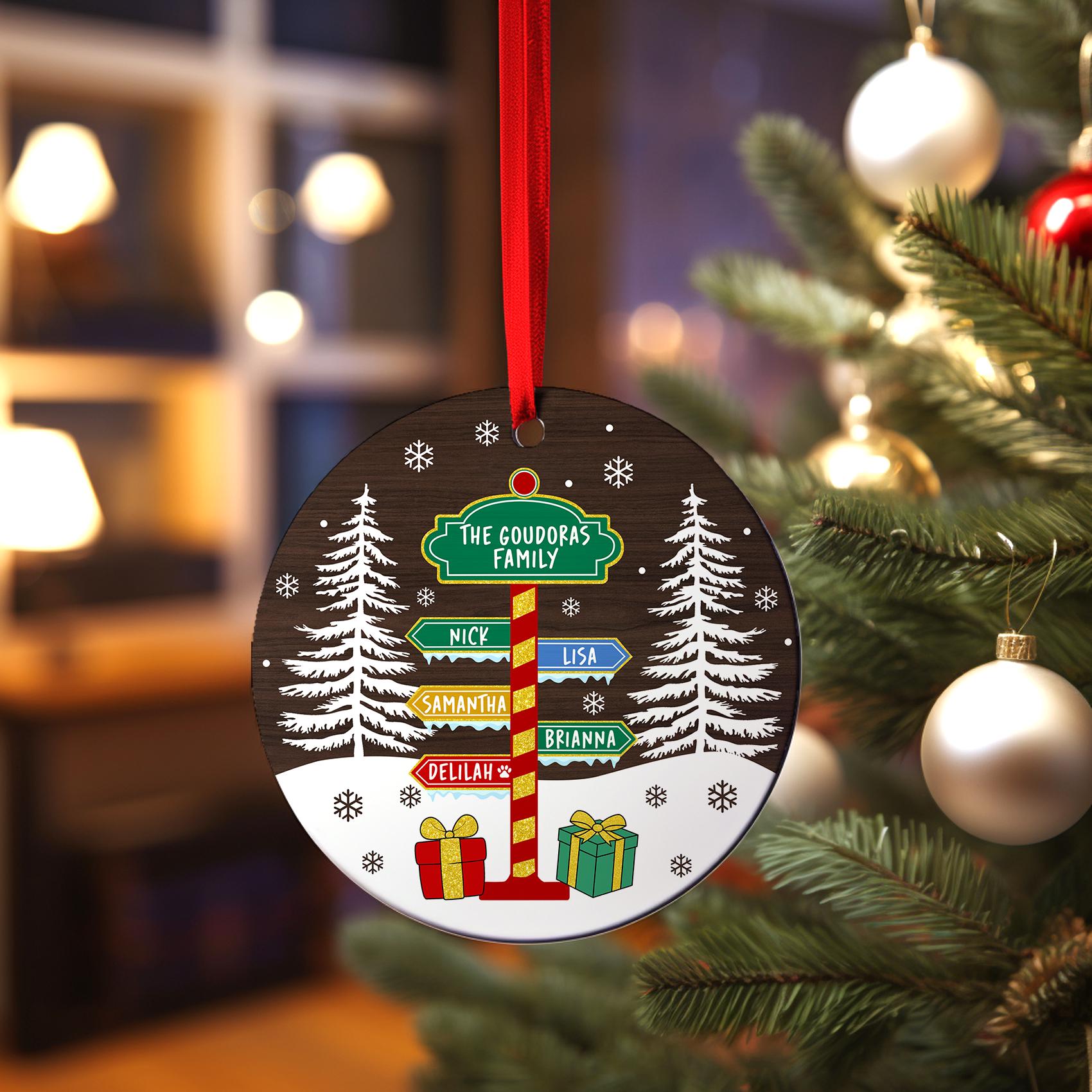 North Pole Christmas Tree Ornament, Personalized Family Names Keepsake Ornament