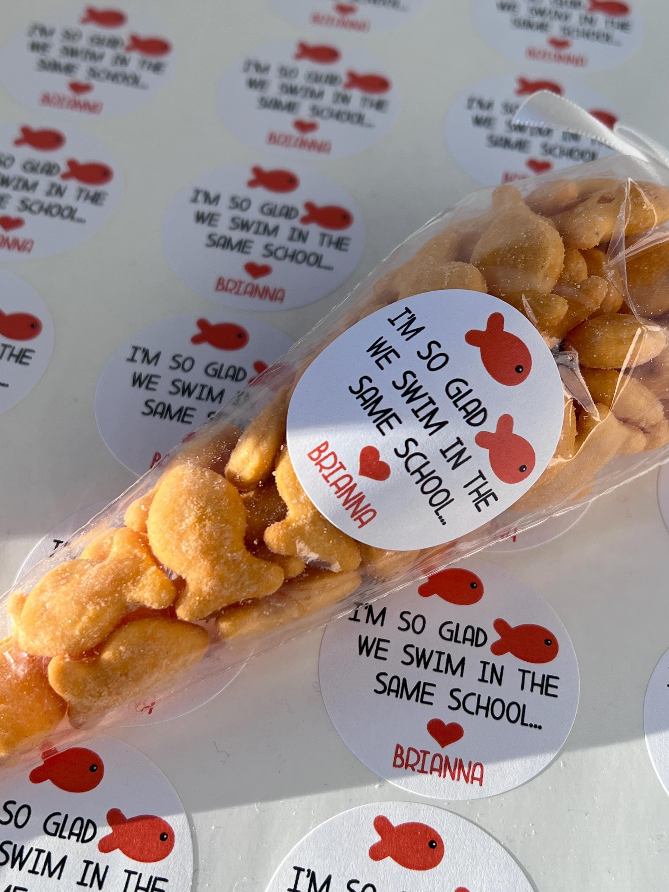 So Glad We Swim In The Same School Goldfish - Personalized Valentine Round Sticker Labels - Classroom Valentines for School