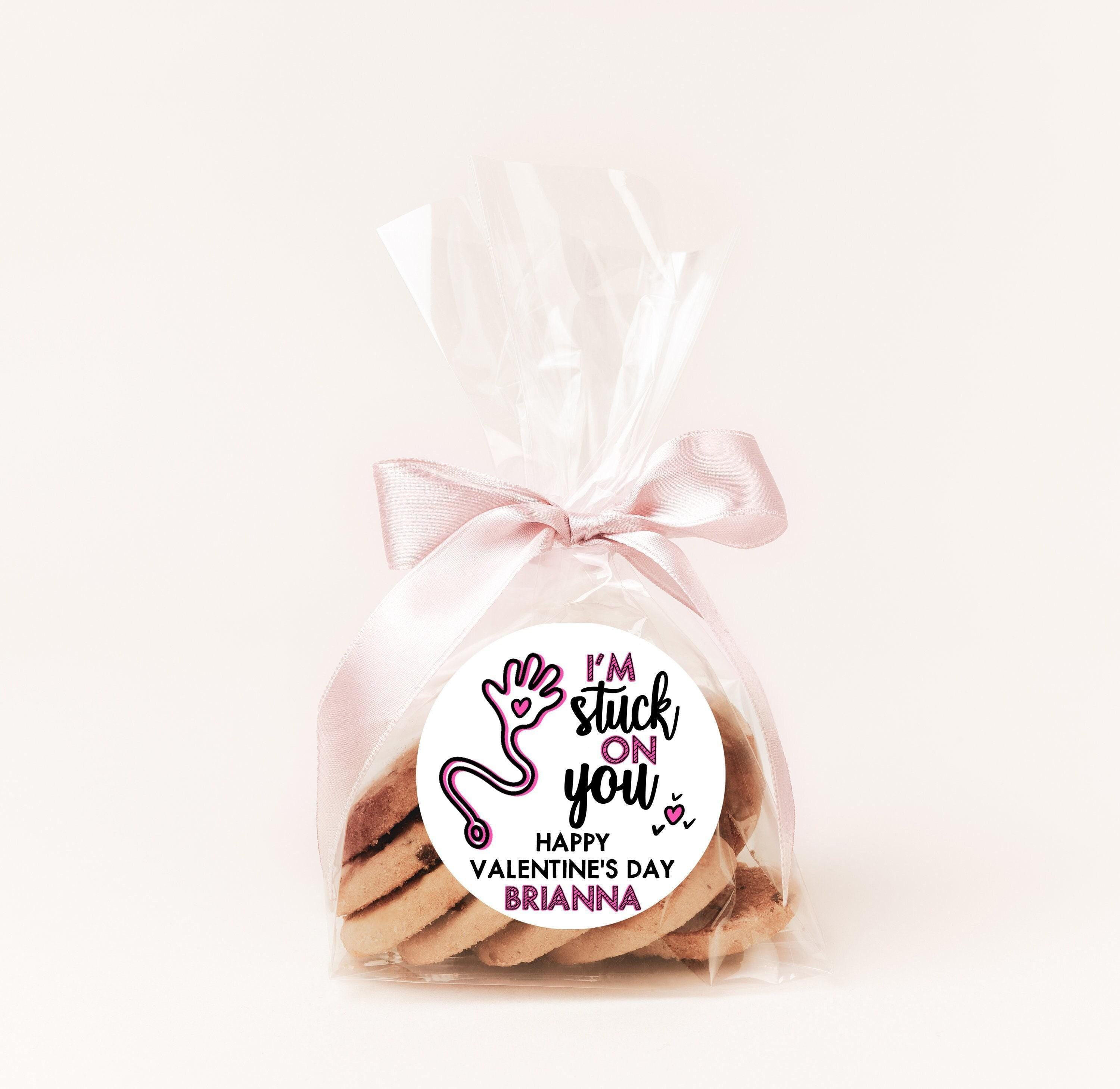 Sticky Hand High Five Pink Valentines Day Stickers - Personalized Valentine Round Sticker Labels - Classroom Valentines for School
