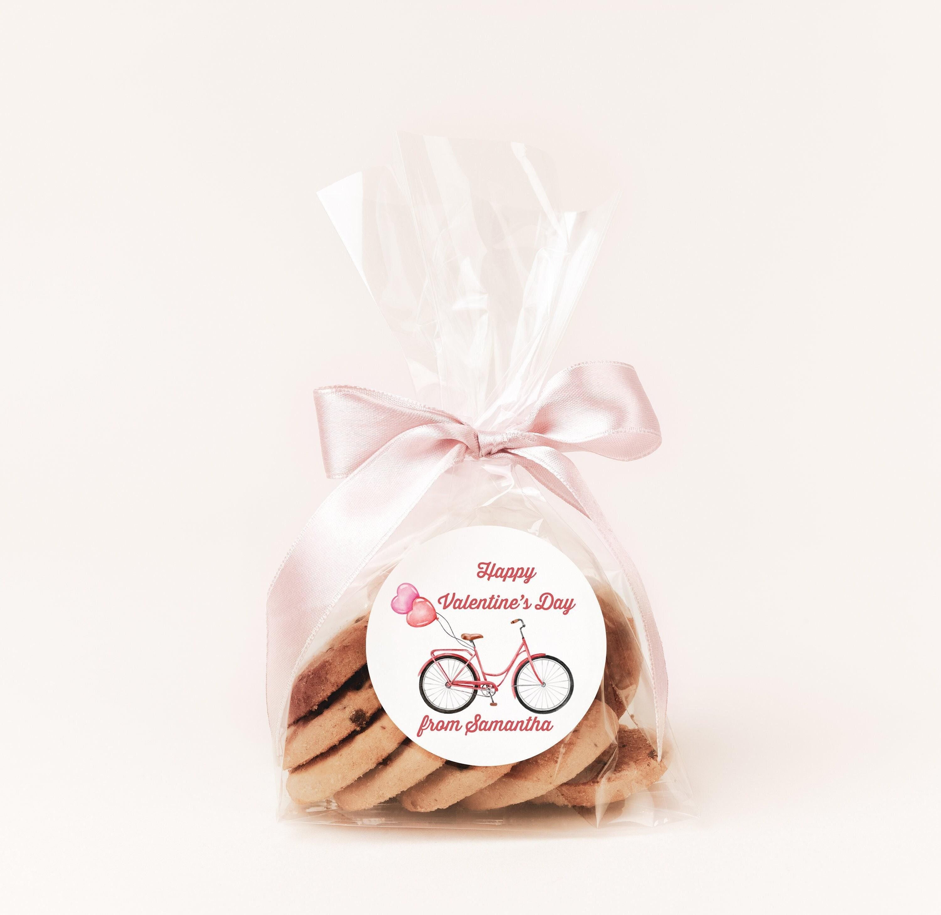 Watercolor Bicycle With Balloons Valentines Day Stickers - Personalized Valentine Round Sticker Labels - Classroom Valentines for School