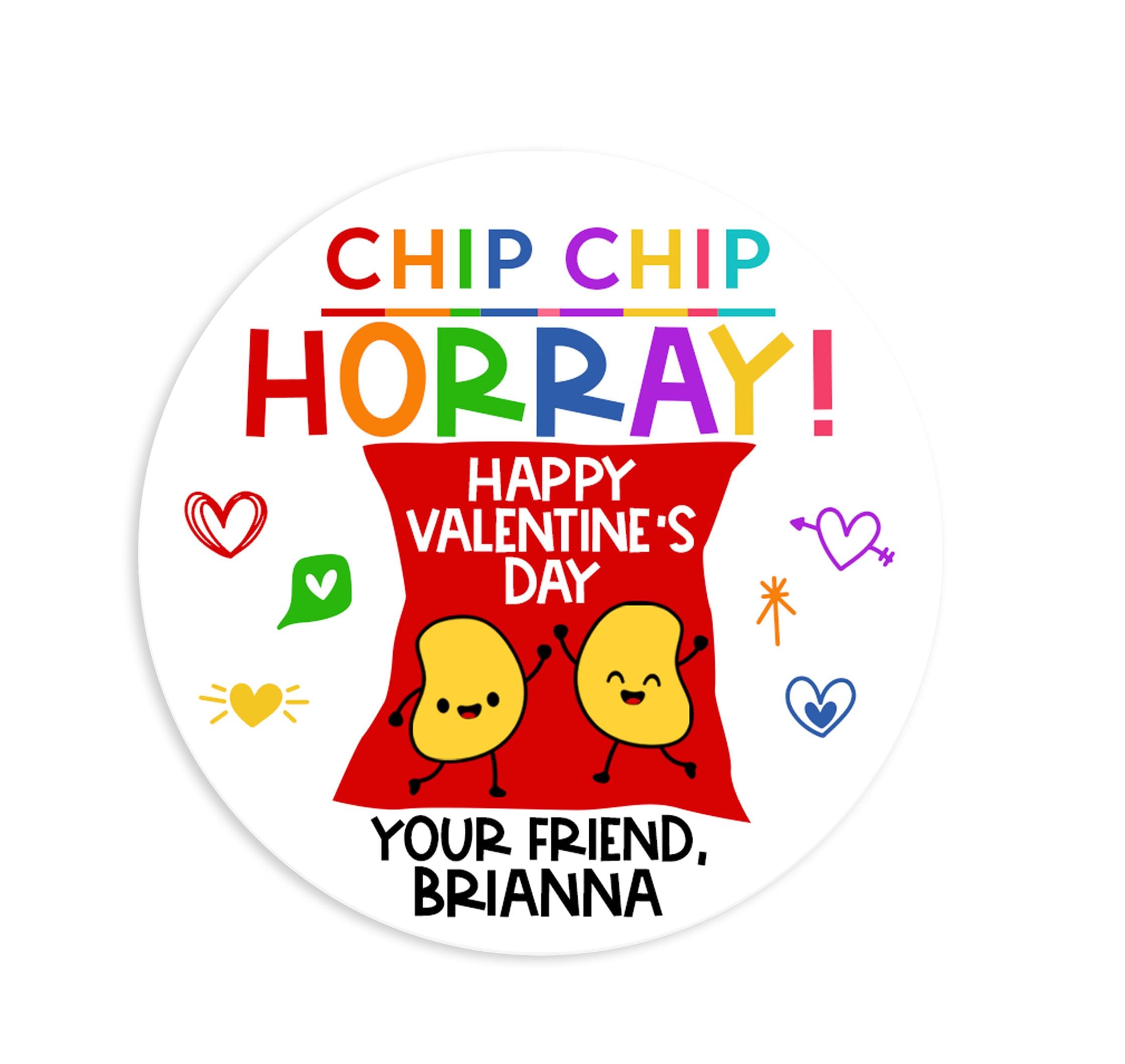 Chip Chip Hooray Valentines Day Stickers - Personalized Valentine Round Sticker Labels - Classroom Valentines for School