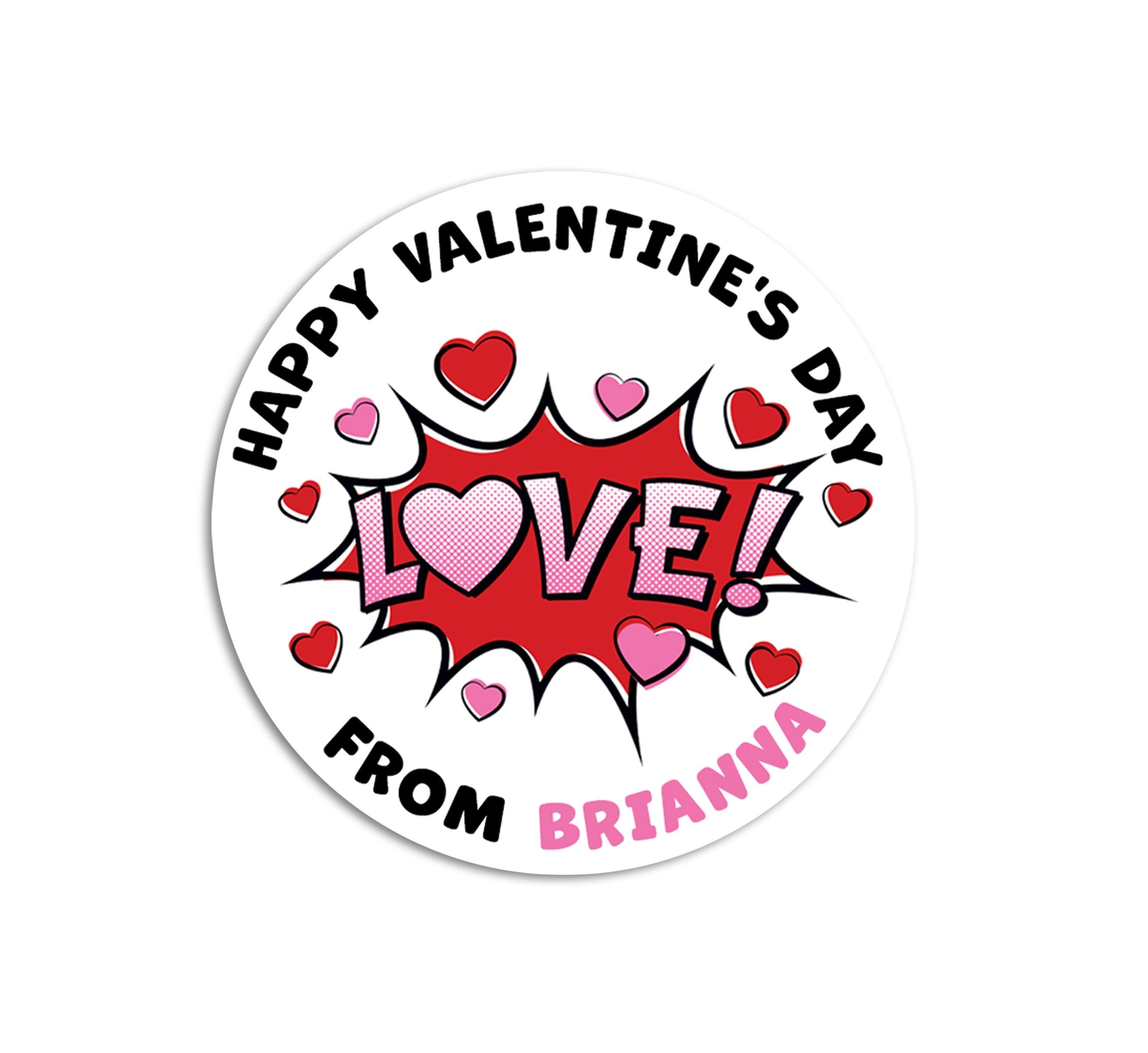 Valentines Day LOVE Comic Stickers, Personalized Valentine Round Labels, Classroom Valentines for School, Valentine Treat Bags