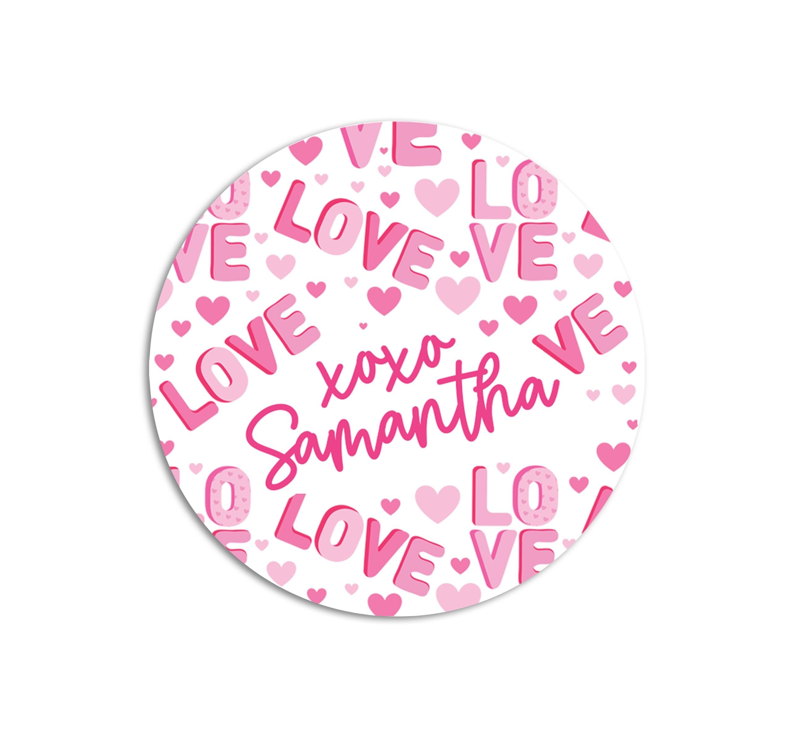 LOVE Hearts Valentines Day Stickers, Personalized Valentine Round Labels, Classroom Valentines for School, Valentine Treat Bags