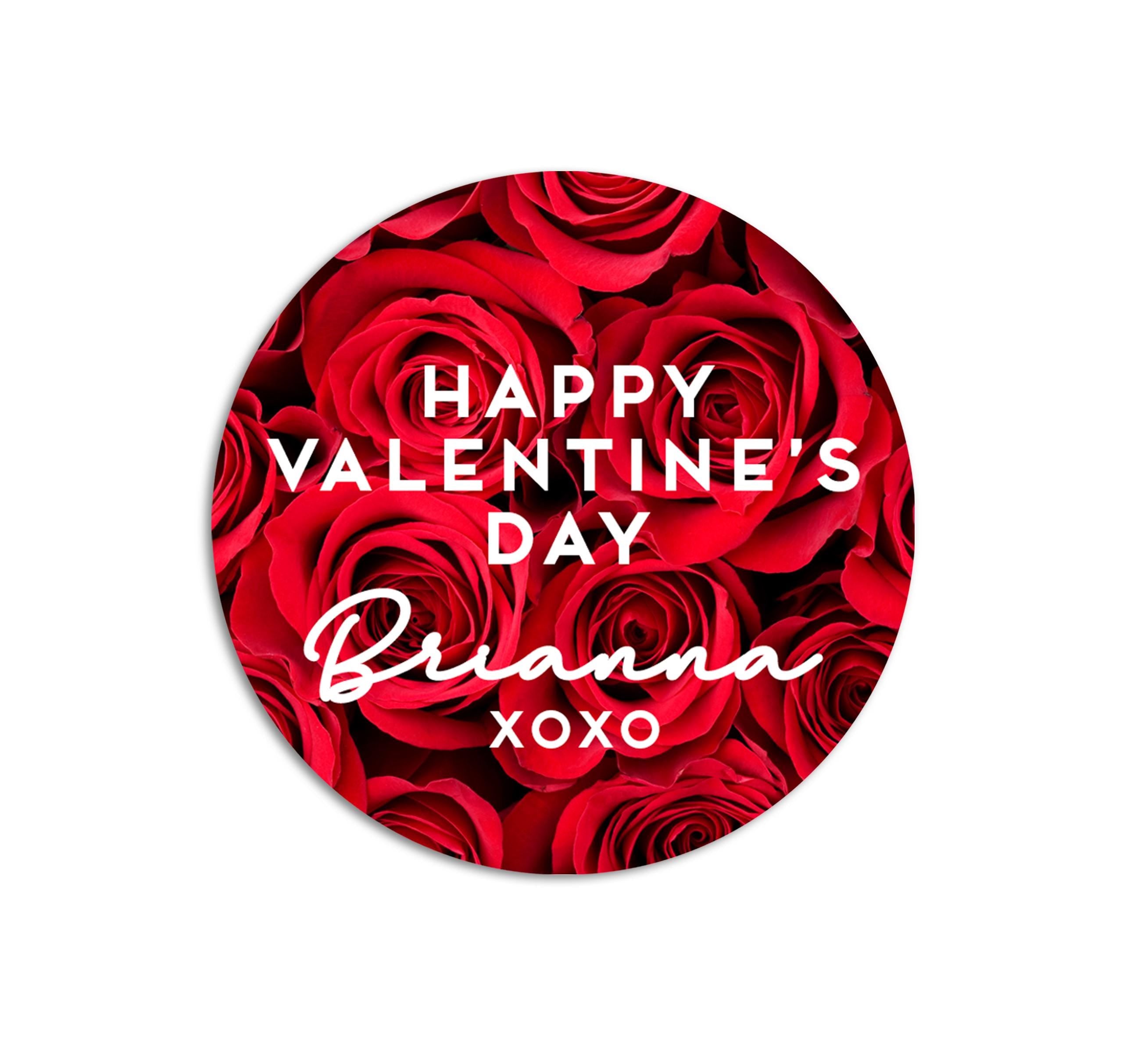 Red Roses Valentines Day Stickers, Personalized Valentine Round Labels, Classroom Valentines for School, Valentine Treat Bags