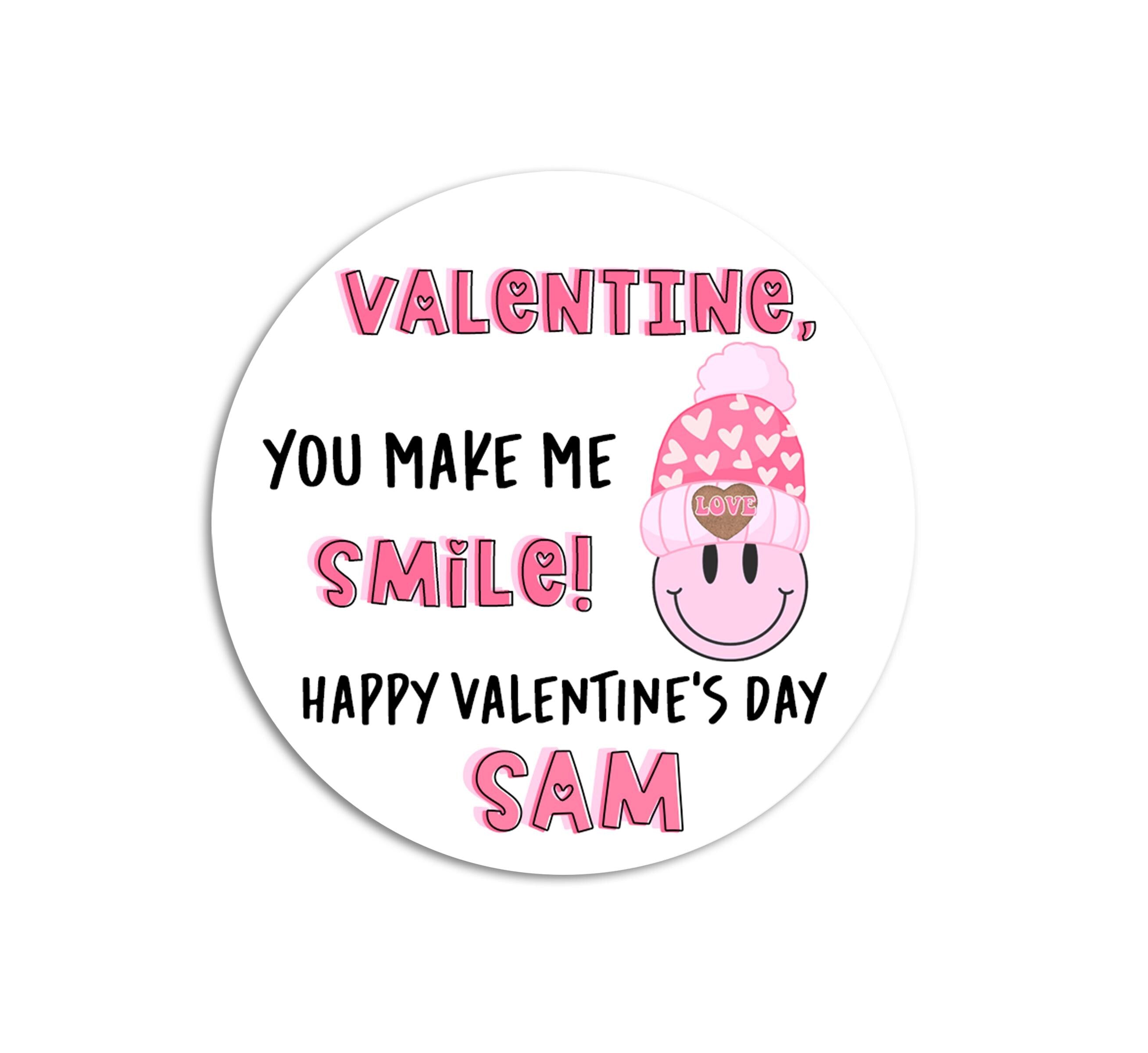 Valentines Day Stickers - Personalized Smile Valentine Round Sticker Labels - Classroom Valentines for School