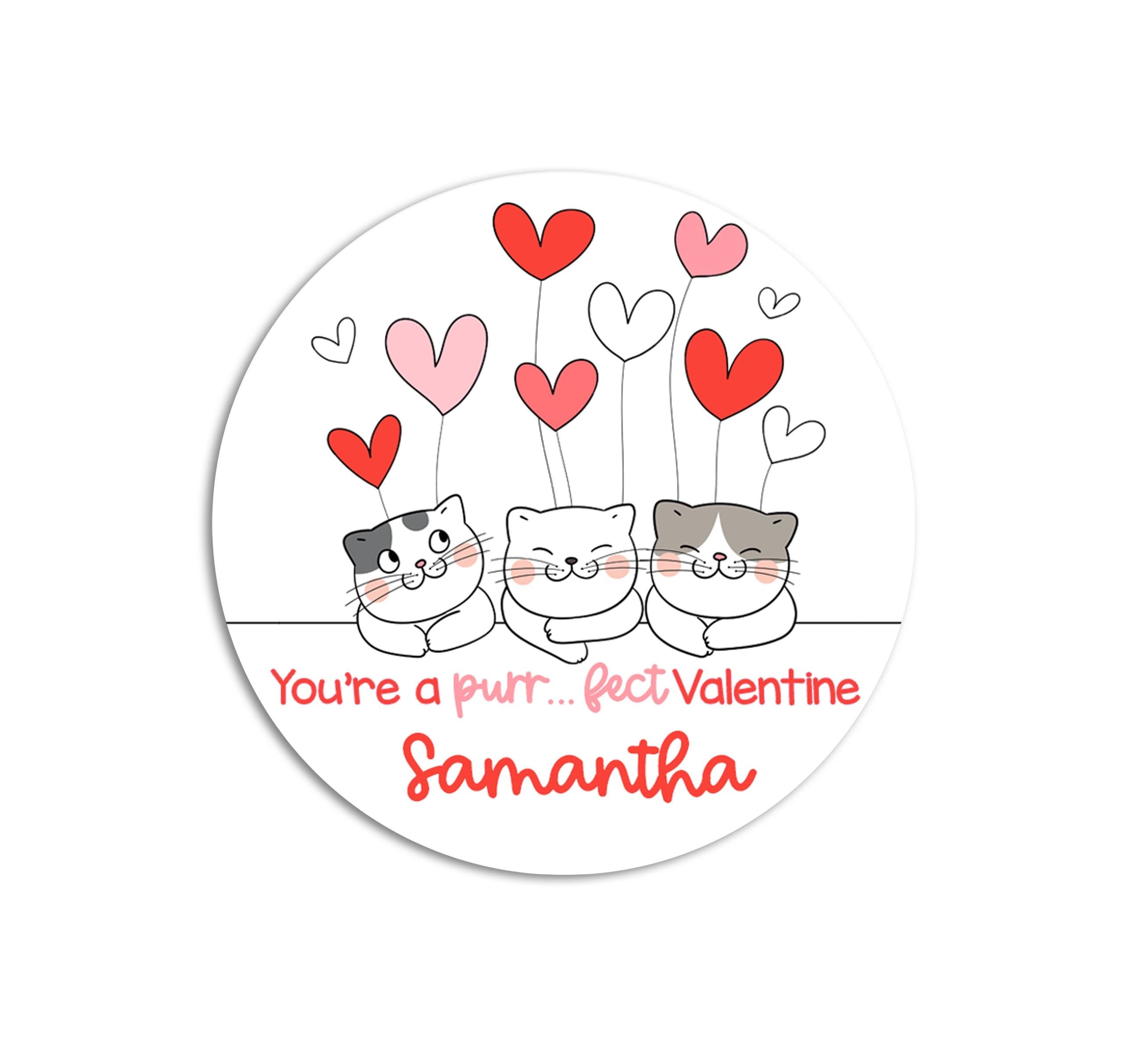 Purr...Fect Cat Valentines Day Stickers - Personalized Valentine Round Sticker Labels - Classroom Valentines for School