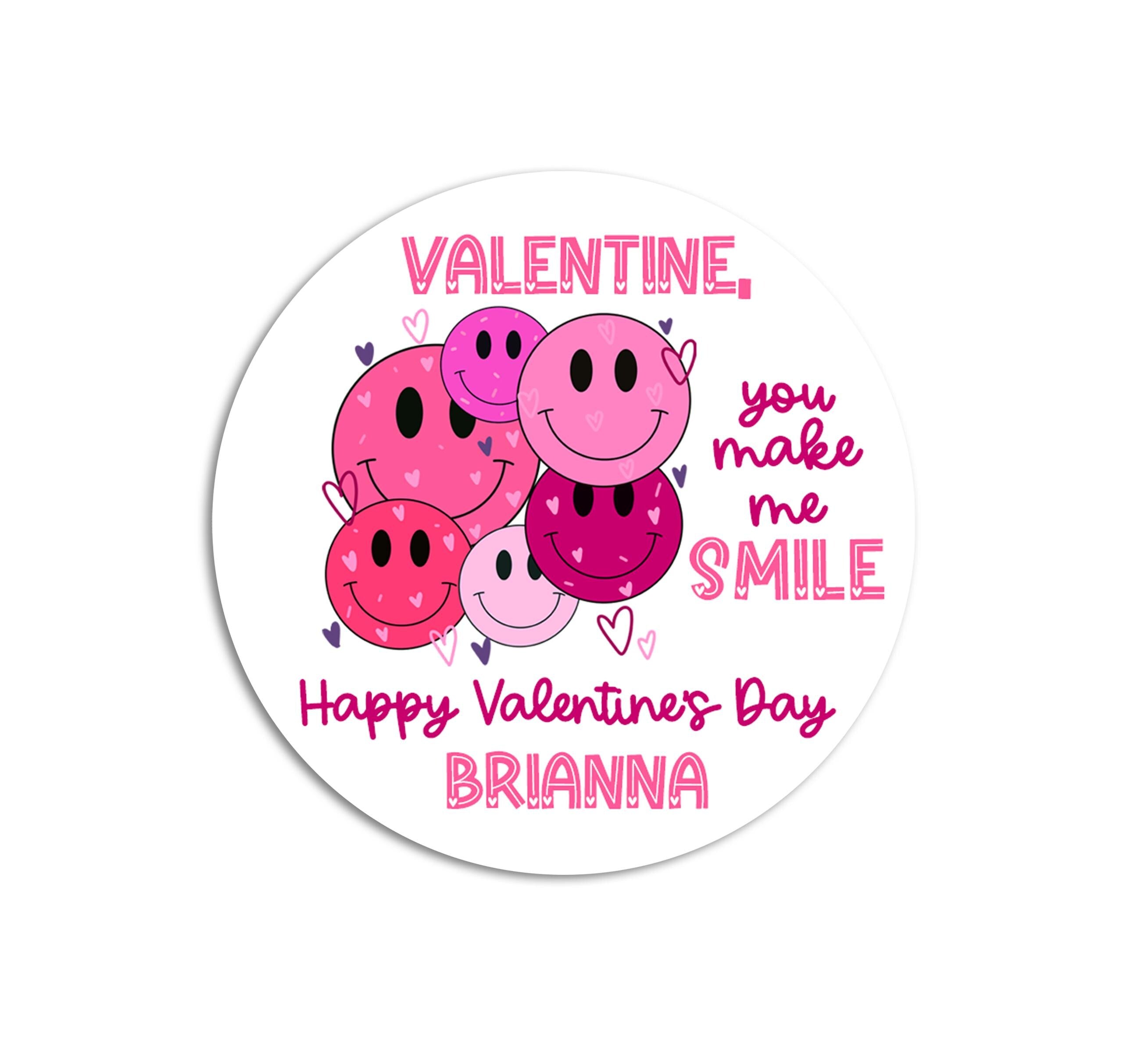 Happy Face Valentines Day Stickers - Personalized Valentine Round Sticker Labels - Classroom Valentines for School