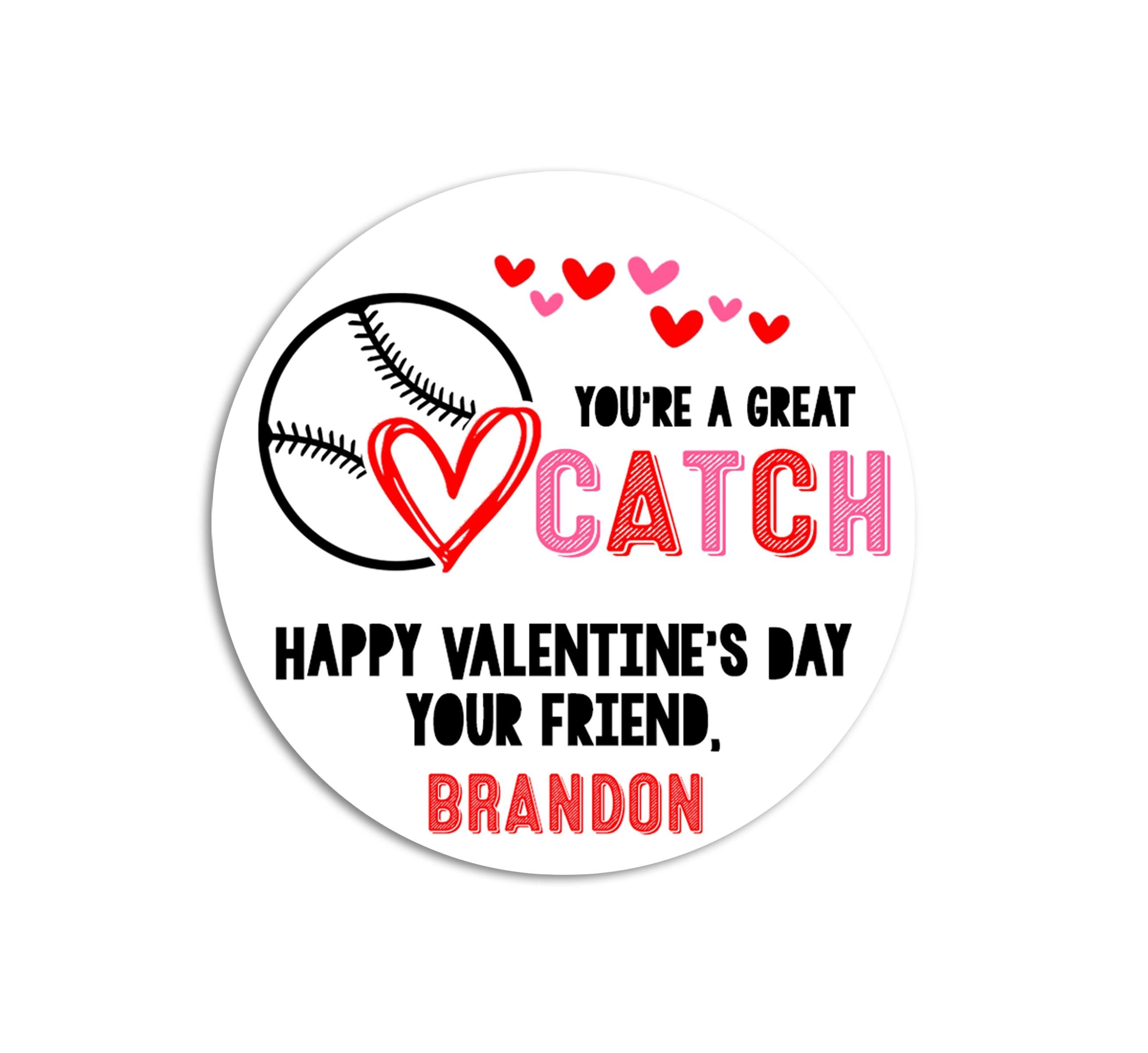 Baseball Valentines Day Stickers - Personalized Valentine Round Sticker Labels - Classroom Valentines for School - Valentines Exchange