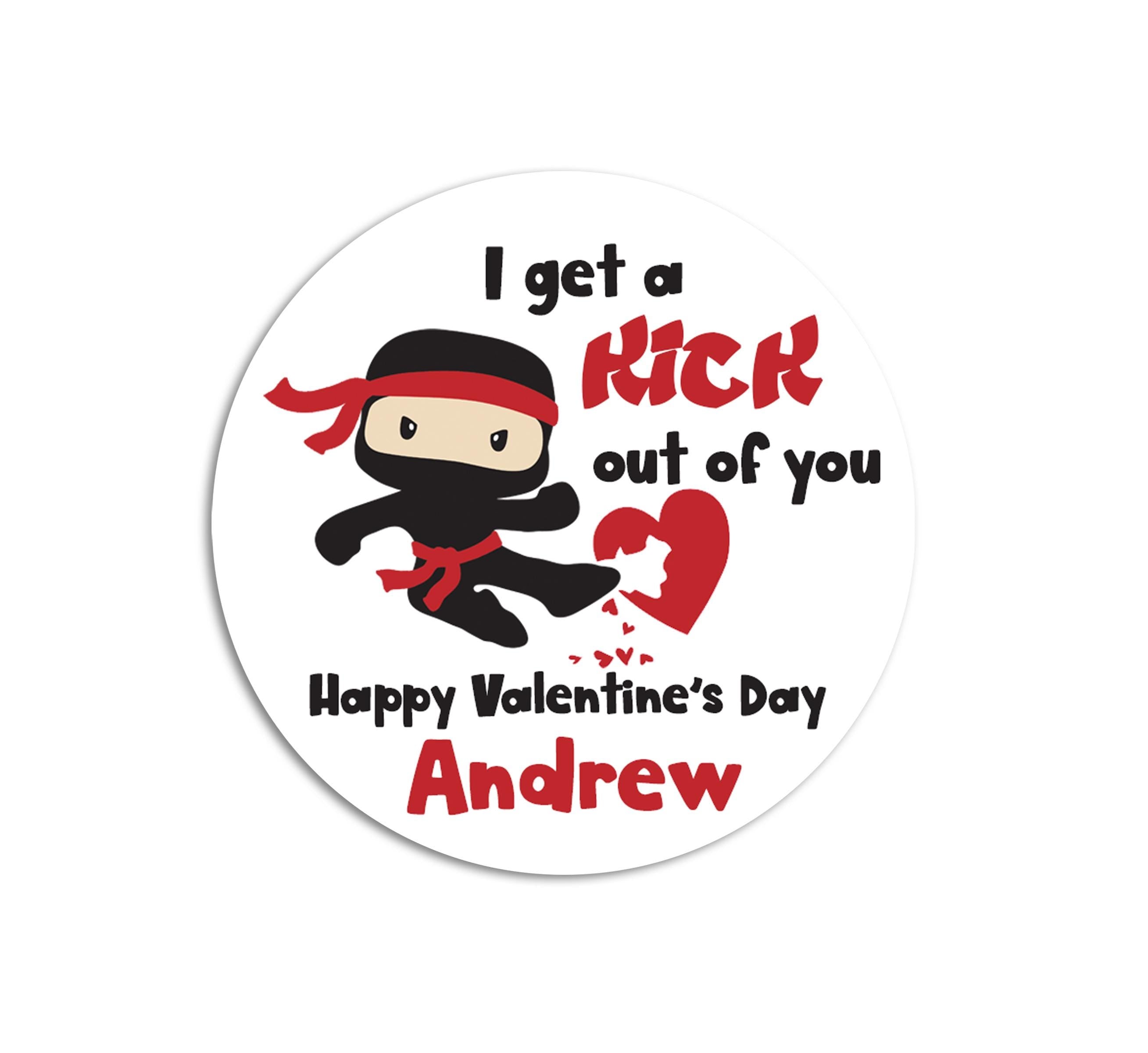 Ninja Valentines Day Stickers - Personalized Valentine Round Sticker Labels - Classroom Valentines for School-Ninja Boys Valentines Exchange