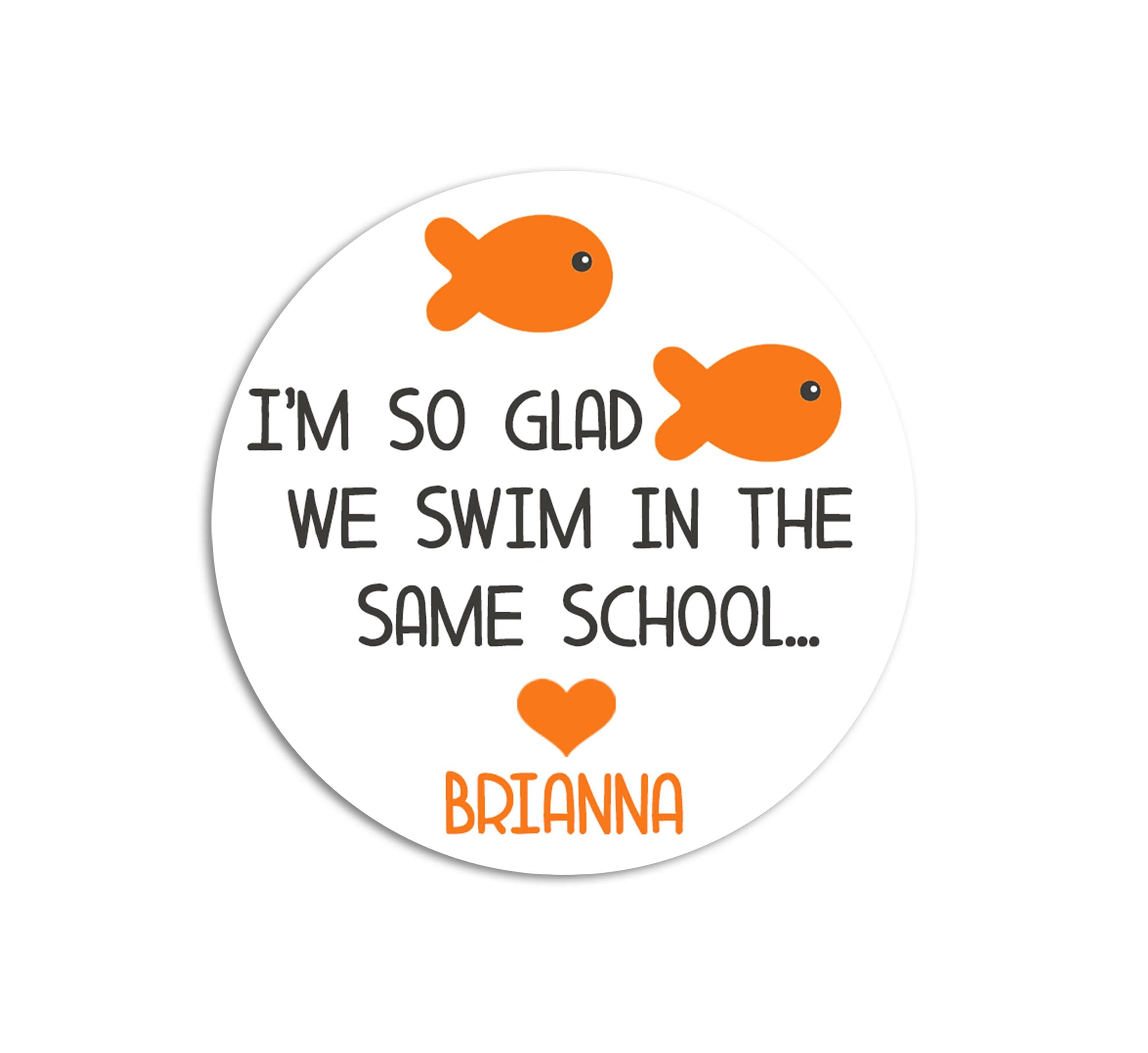 So Glad We Swim In The Same School Goldfish - Personalized Valentine Round Sticker Labels - Classroom Valentines for School