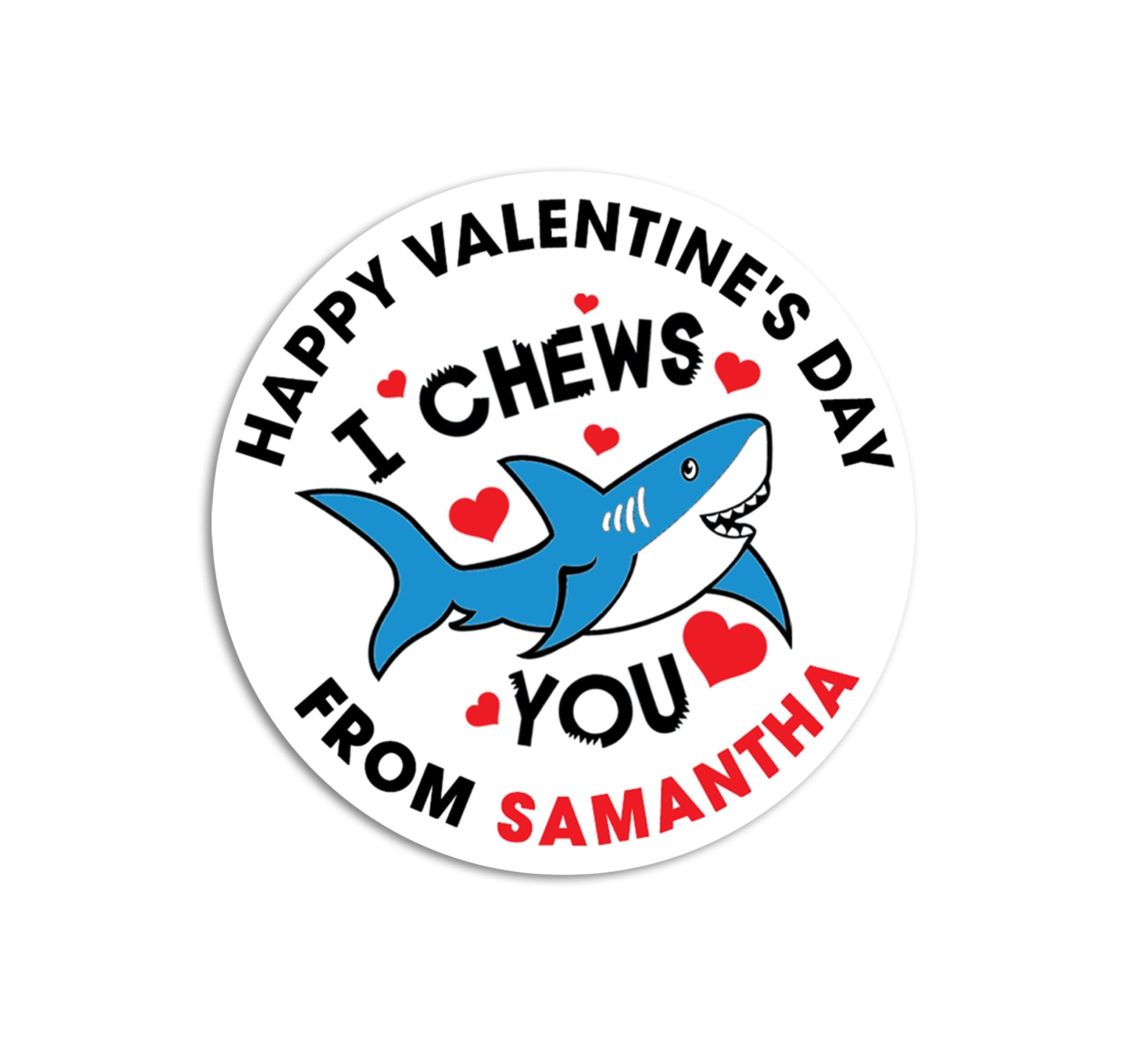 I Chew You Shark Valentines Day Stickers - Personalized Valentine Round Sticker Labels - Classroom Valentines for School