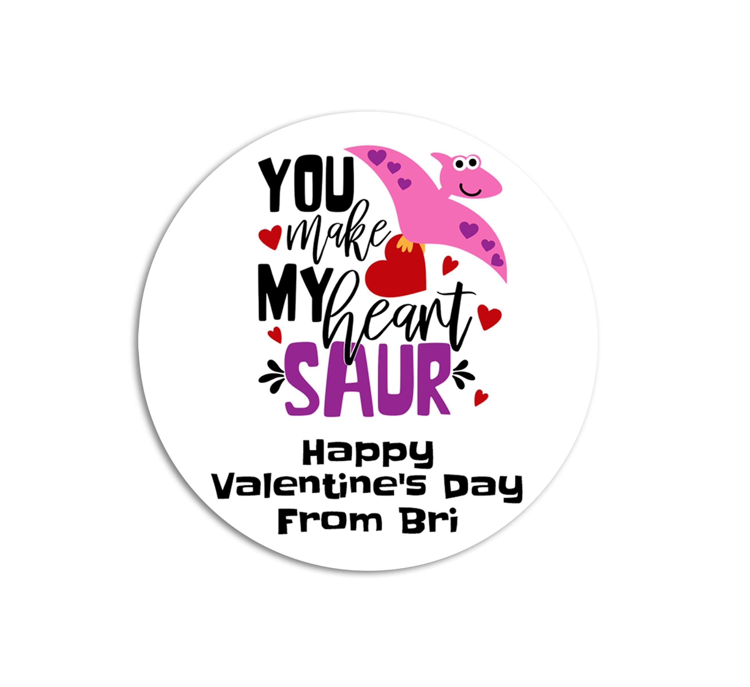 You Make My Heart Saur Dinosaur Valentines Day Stickers - Personalized Valentine Round Sticker Labels - Classroom Valentines for School