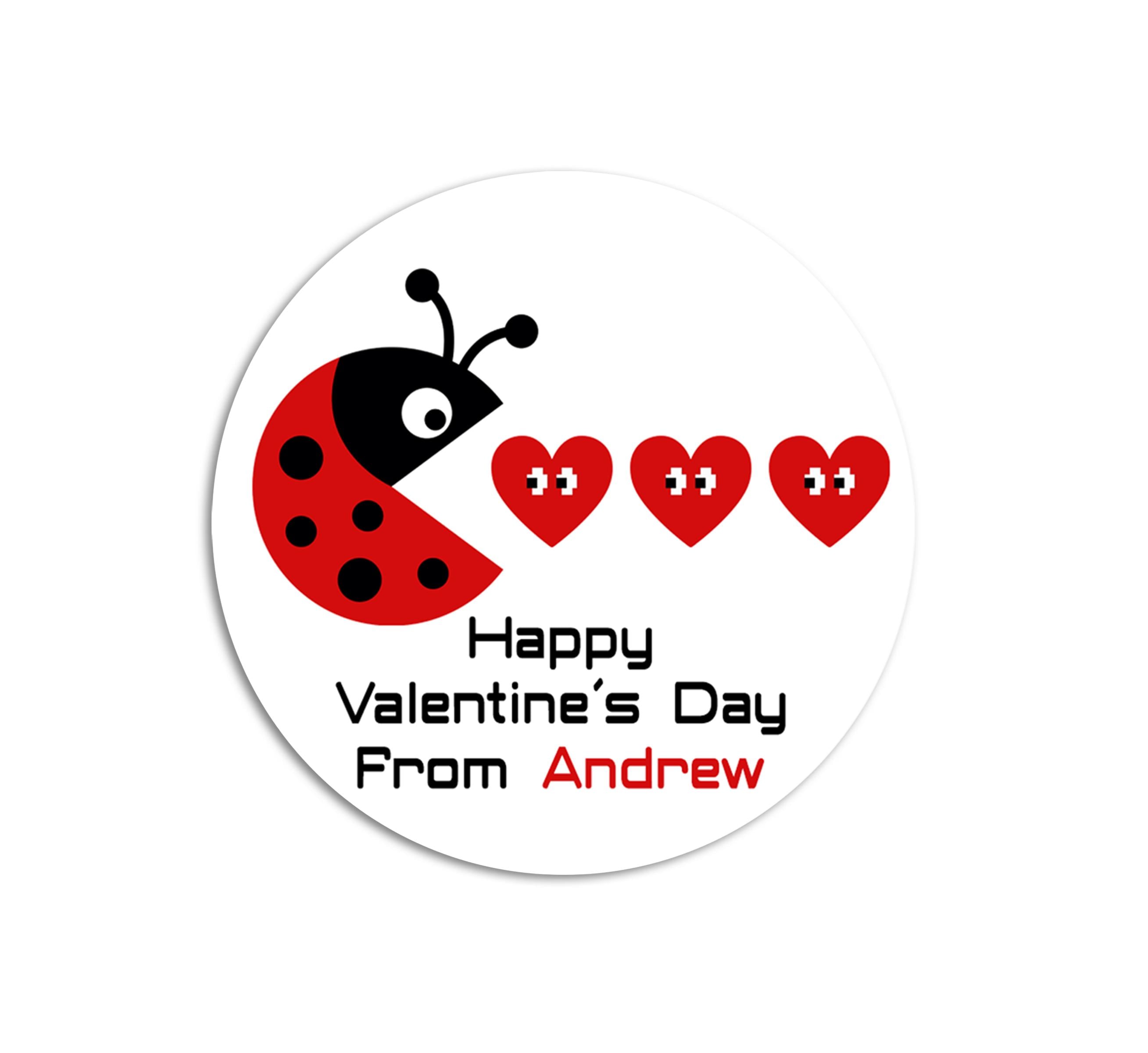 Ladybug Arcade Valentines Day Stickers - Personalized Valentine Round Sticker Labels - Classroom Valentines for School