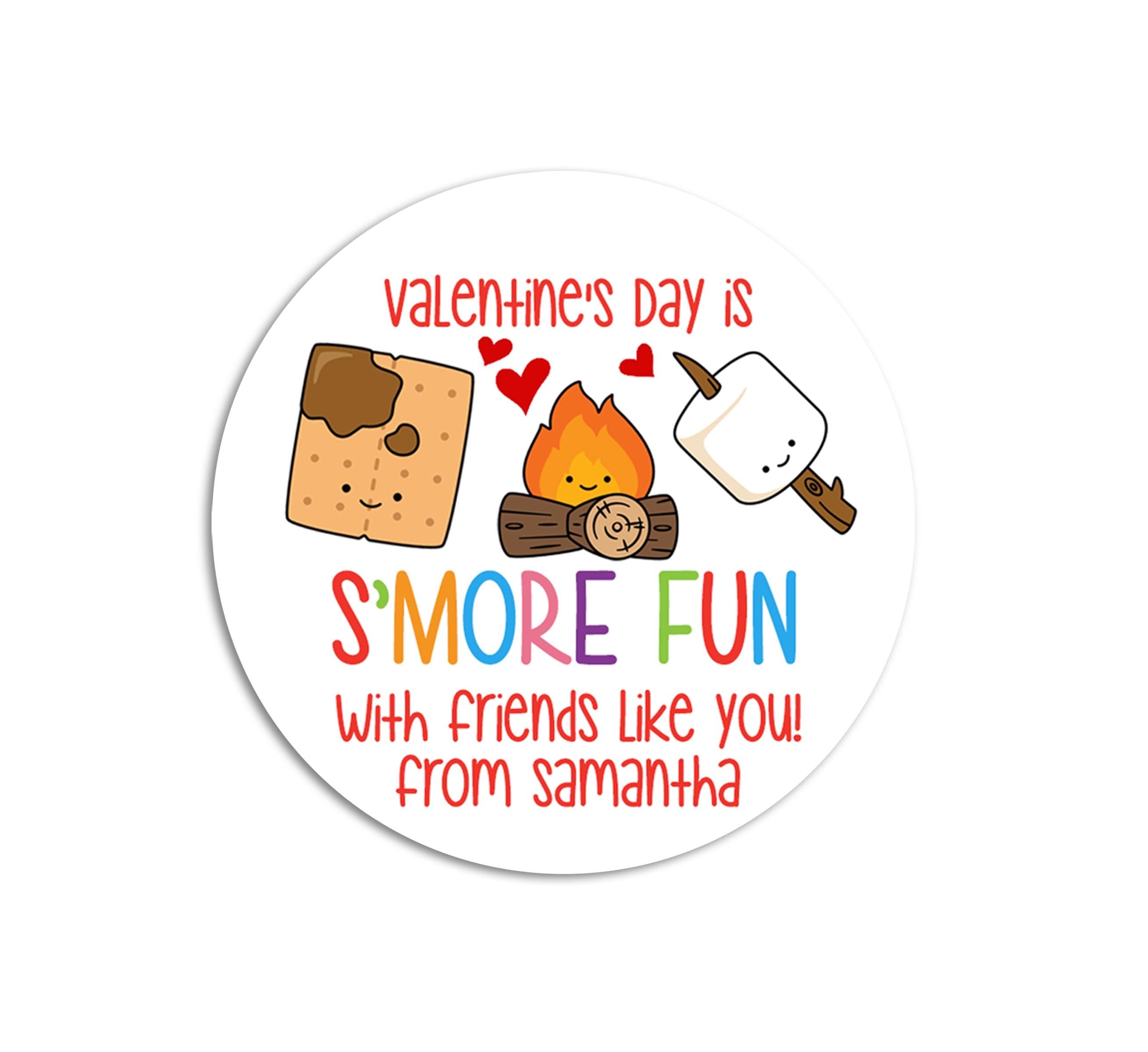 S'more Fun Valentines Day Stickers - Personalized Valentine Round Sticker Labels - Classroom Valentines for School