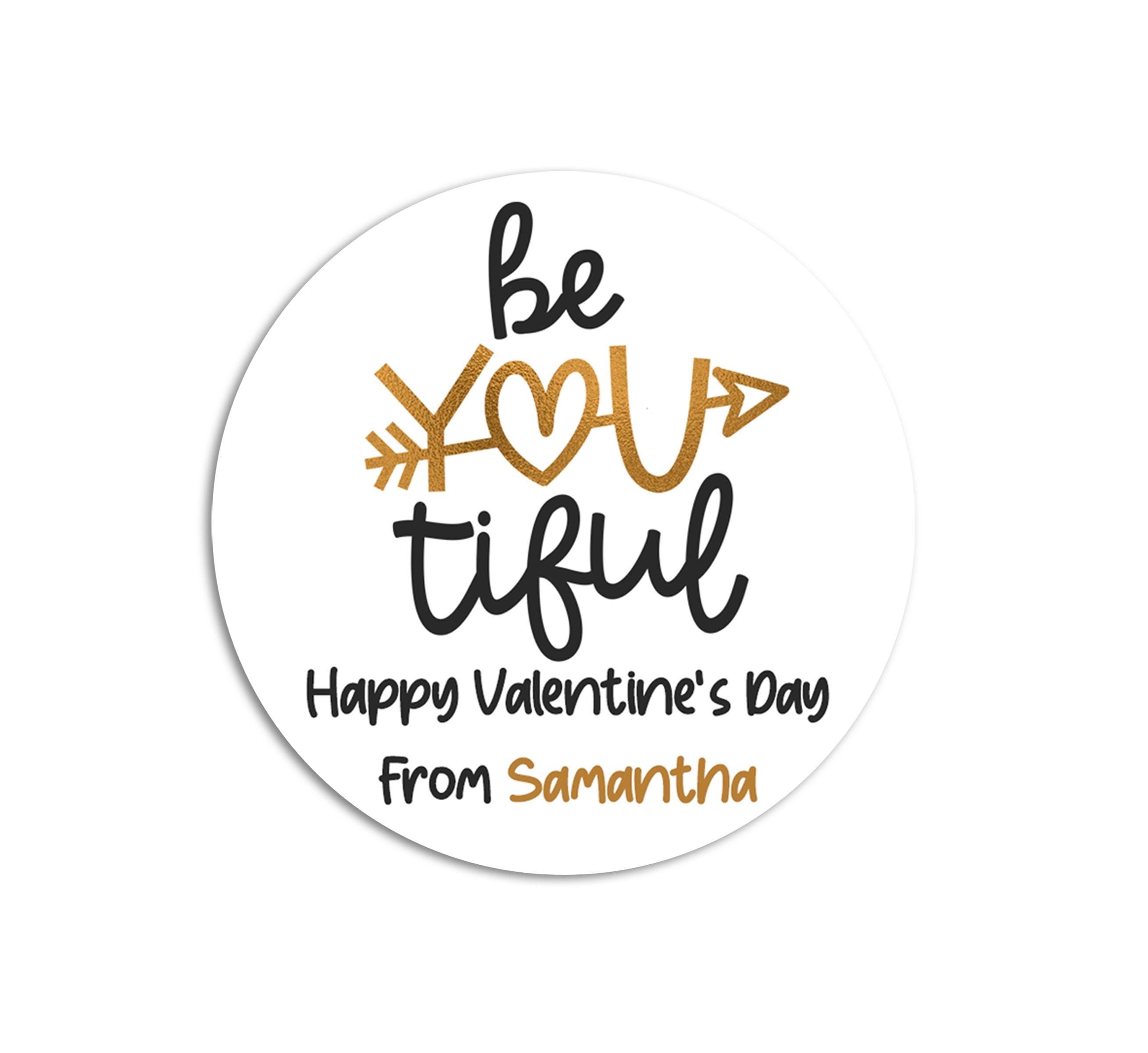 BeYoutiful Valentines Day Stickers - Personalized Valentine Round Sticker Labels - Classroom Valentines for School